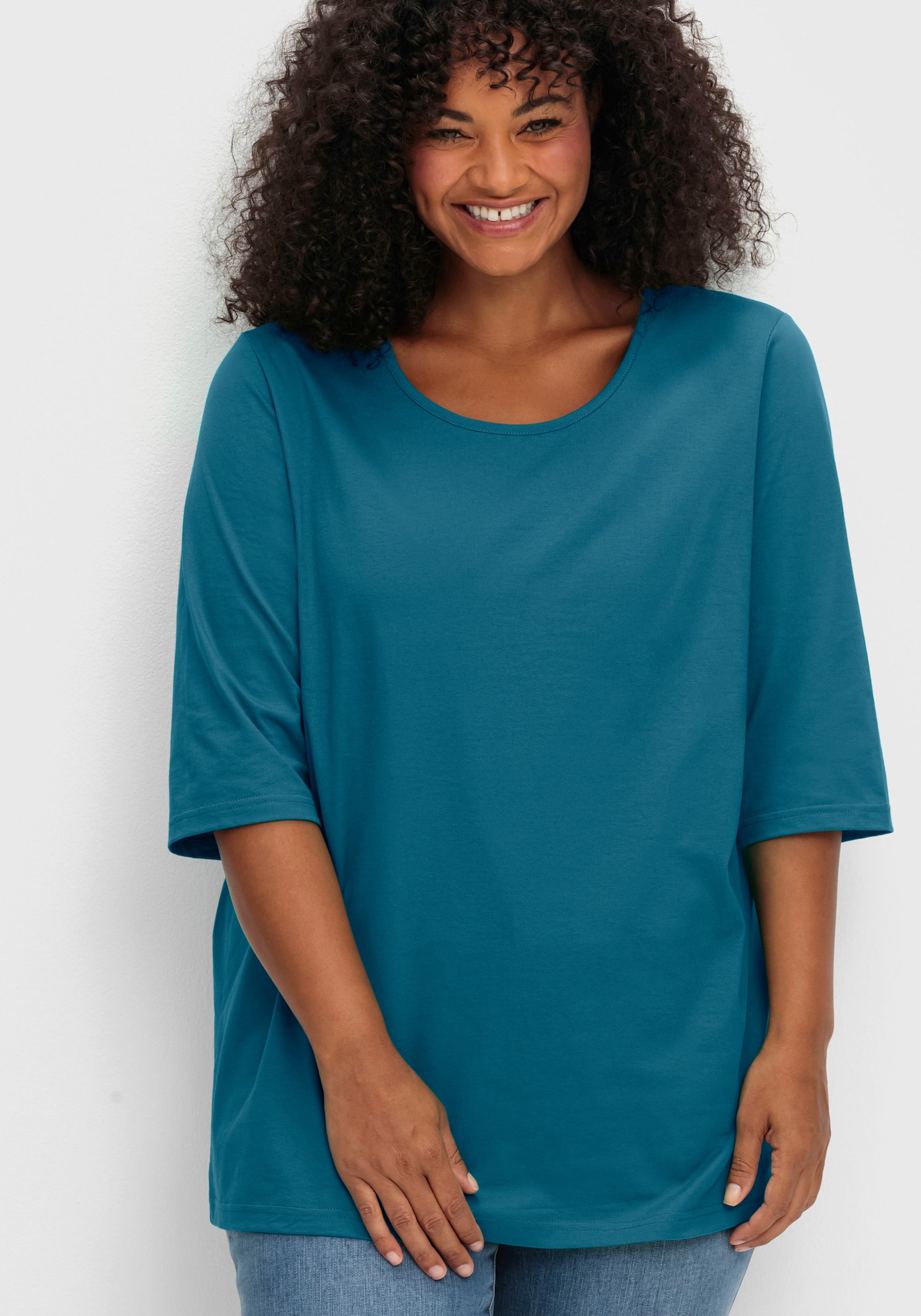 sheego Shirt met 3/4-mouwen en rechte, langere snit - topaas