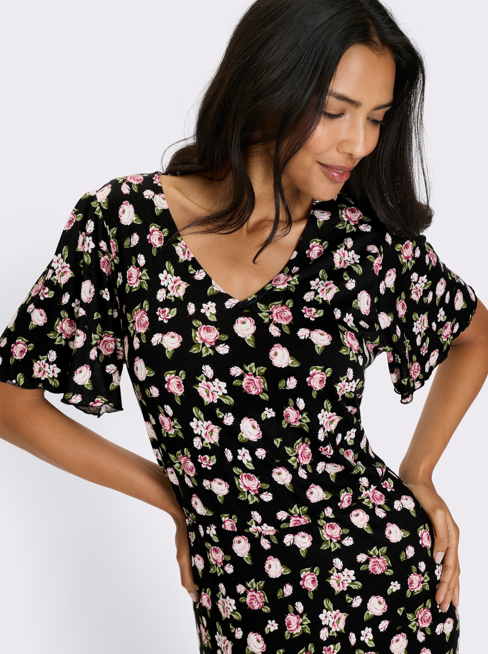 Jerseykleid im Blüten-Dessin - schwarz-altrosa-bedruckt