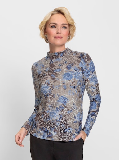 Stehkragenshirt in winterlicher Qualität - bleu-sesam-bedruckt