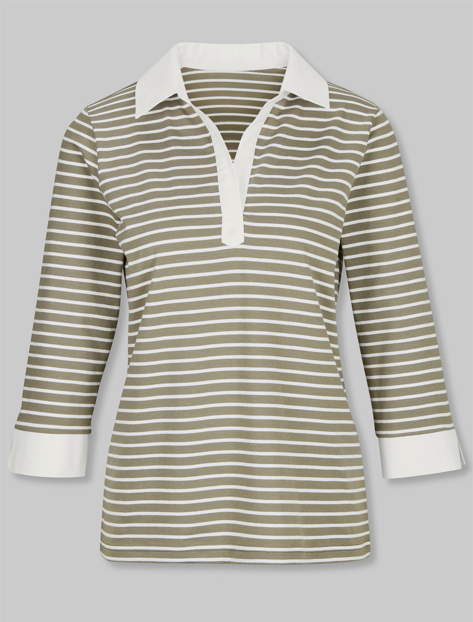 heine Poloshirt in 2-in-1-Optik - khaki-weiß-geringelt