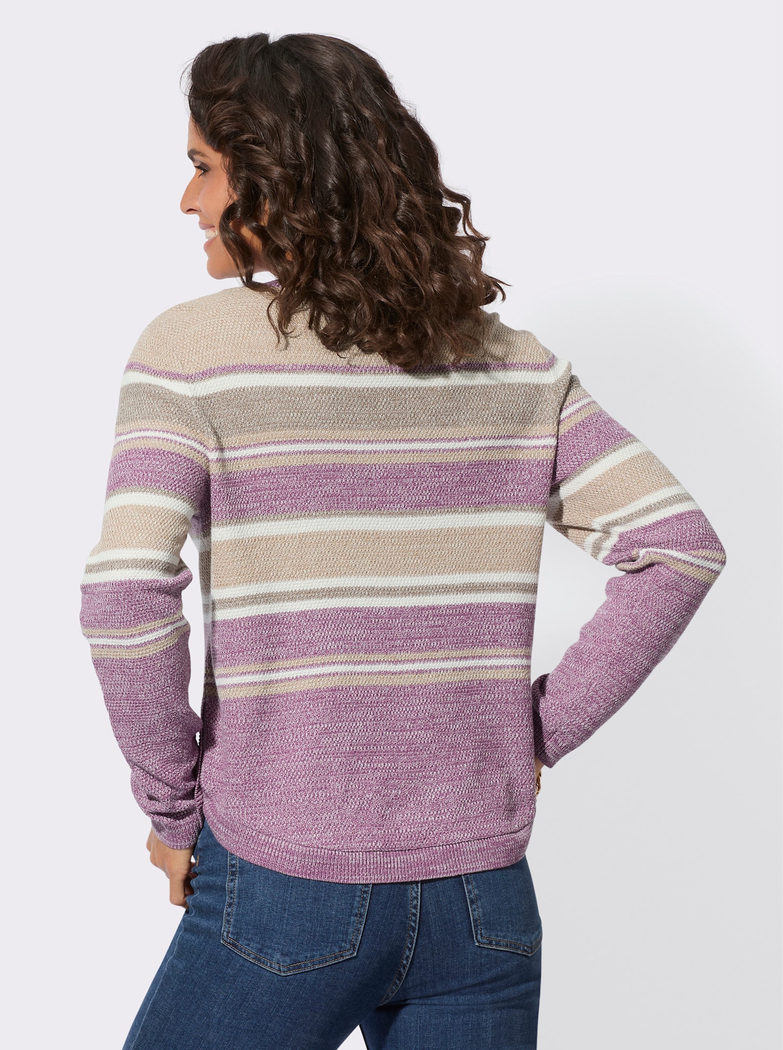 Langarm-Pullover mit Zierknöpfen - violett-sesam-geringelt