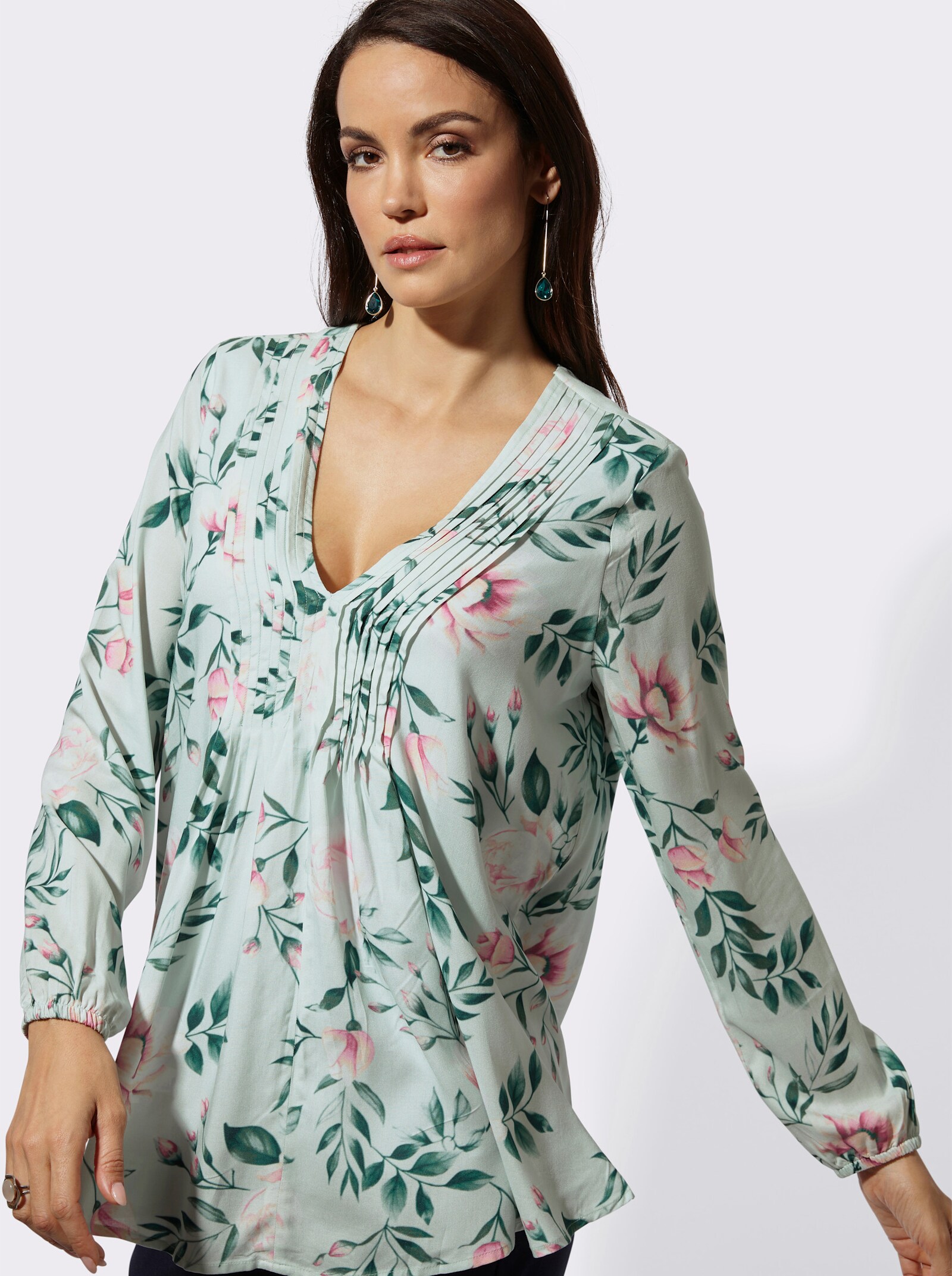 Longbluse mit floralem Dessin - kalkmint-aquapetrol-bedruckt