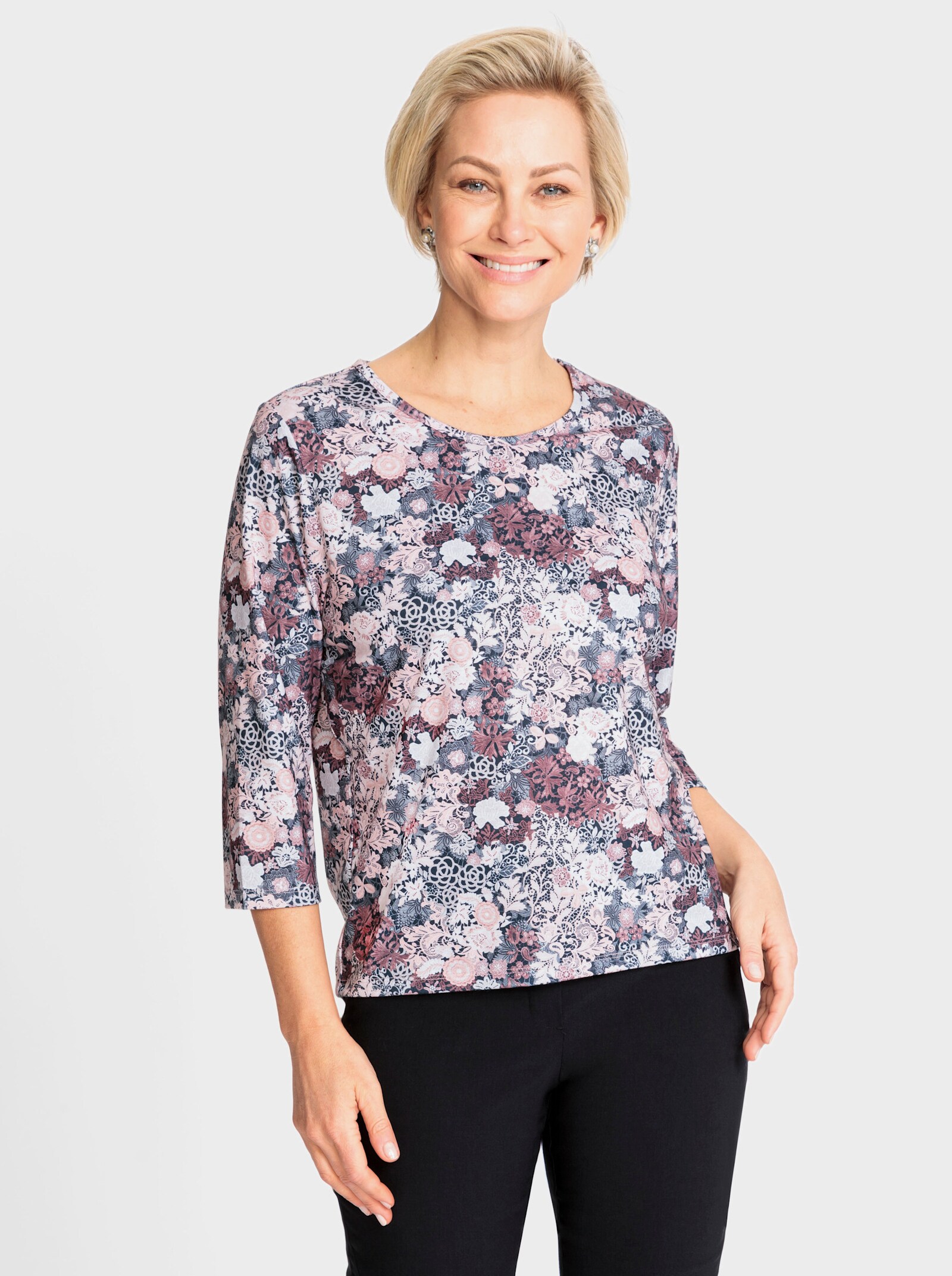 Rundhalsshirt mit 3/4-Ärmeln, Stretch - hortensie-steingrau-bedruckt