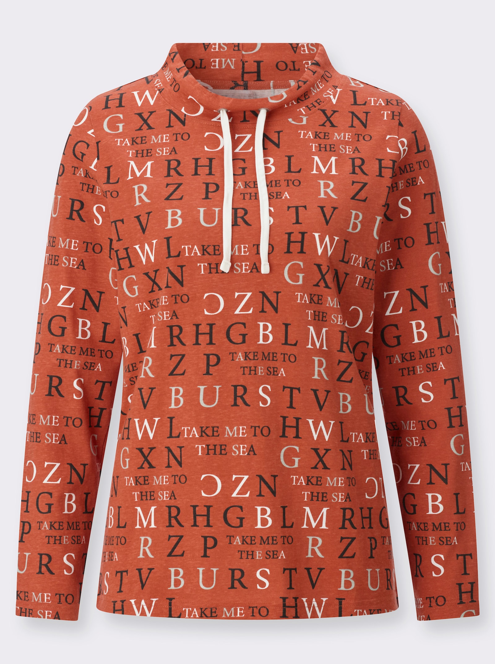 Stehkragenshirt mit Buchstabendruck - rostrot-ecru-bedruckt