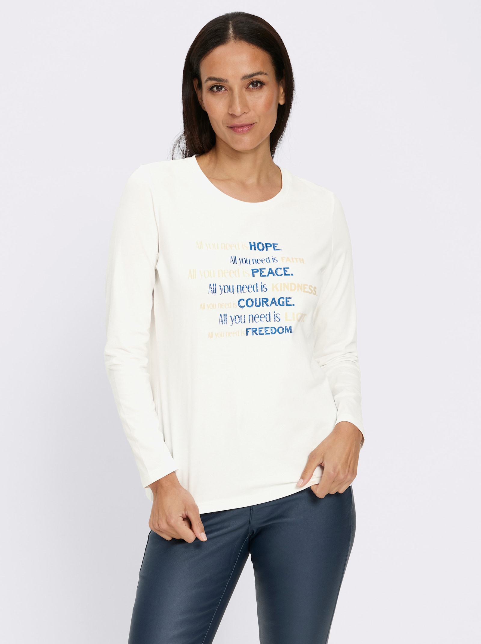 heine Langarmshirt Mit Ziersteinchen - ecru-mittelblau-gemustert