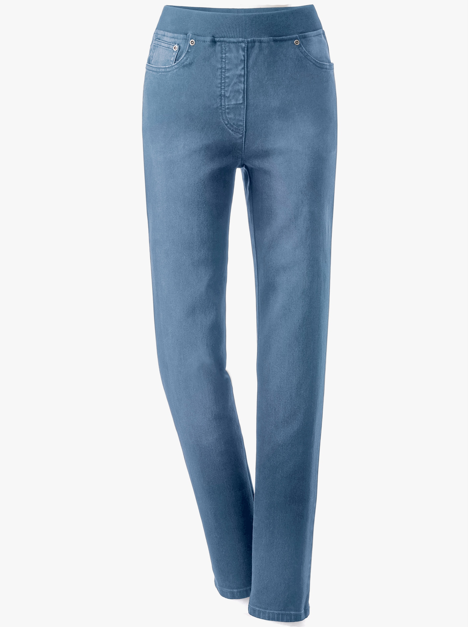 Schlupfjeans mit geripptem Strick-Dehnbund - blue-bleached