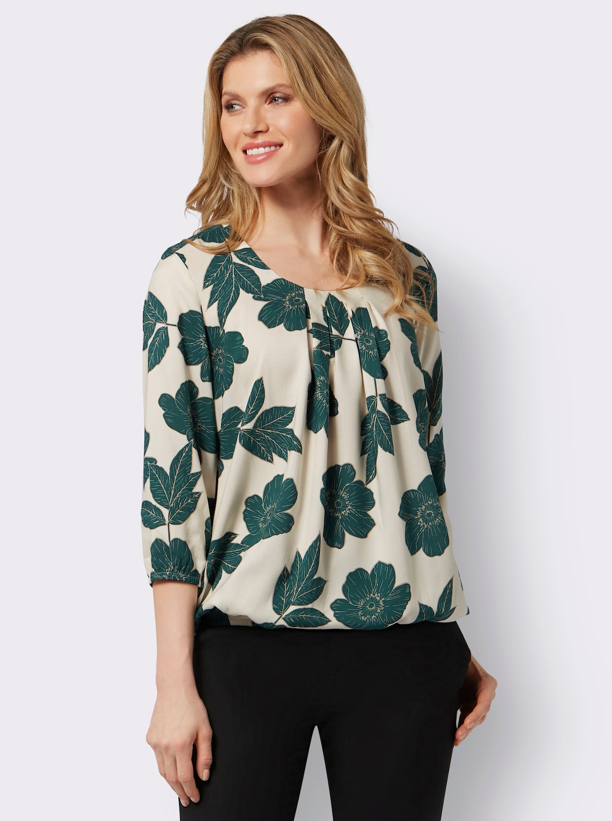 Comfortabele blouse - champagner-petrol-bedruckt