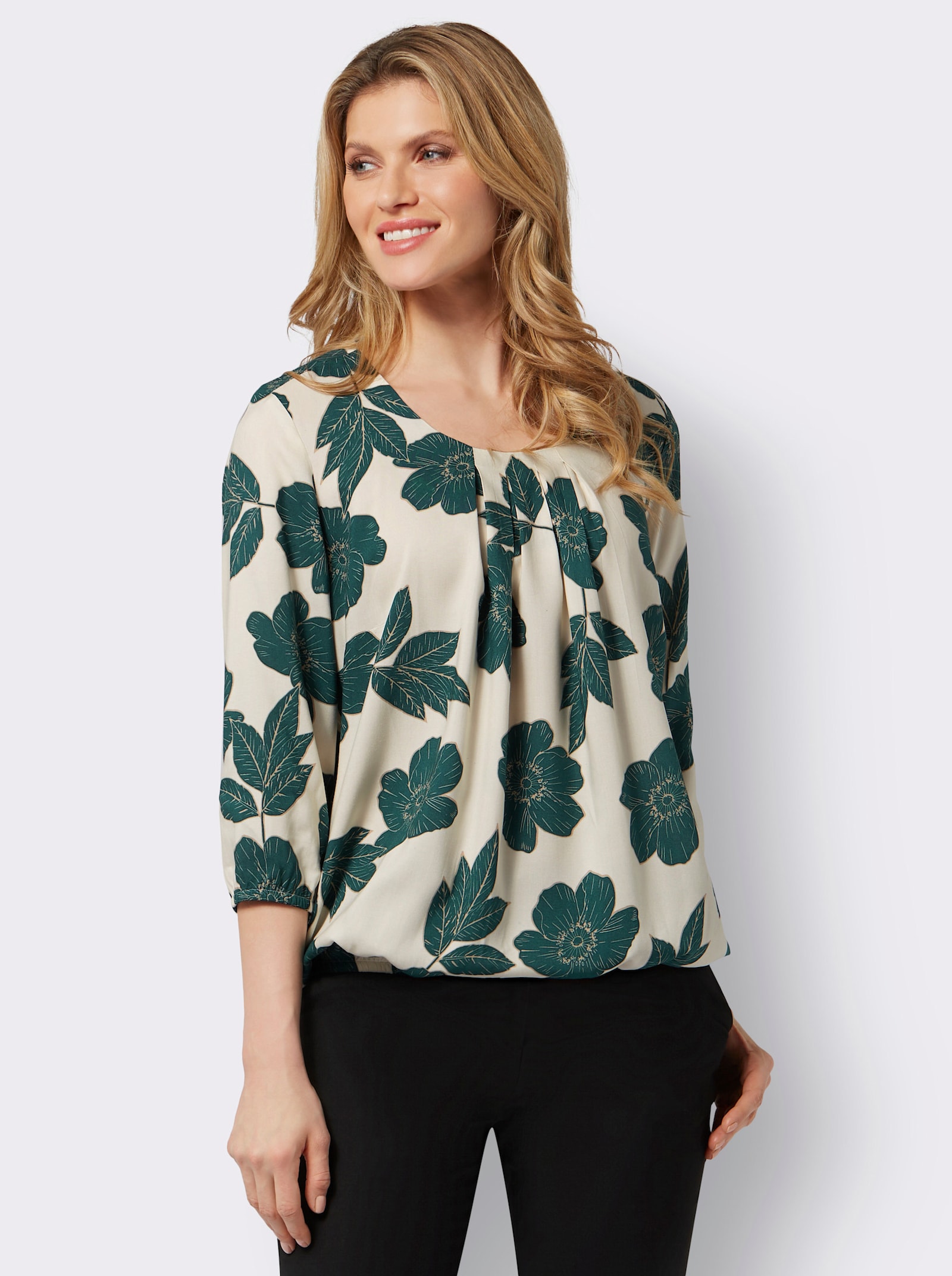 Comfortblouse met grote bloemen - champagner-petrol-bedruckt
