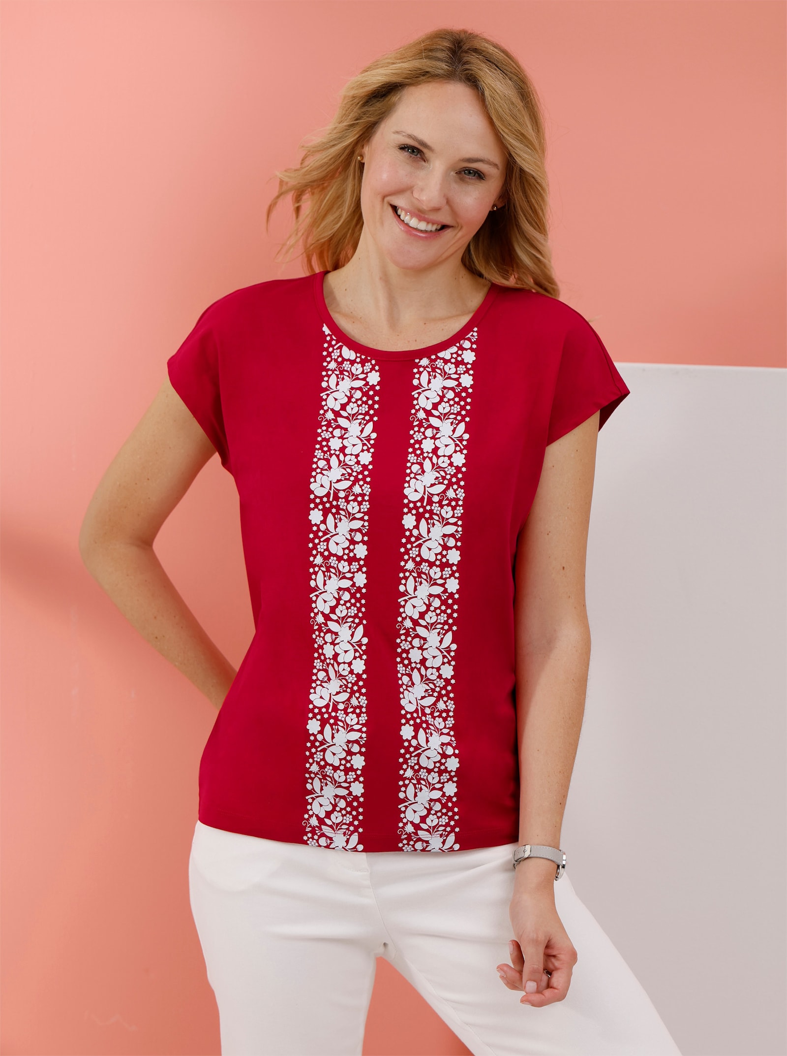 Kurzarmshirt mit Blumenmuster - rot-weiß