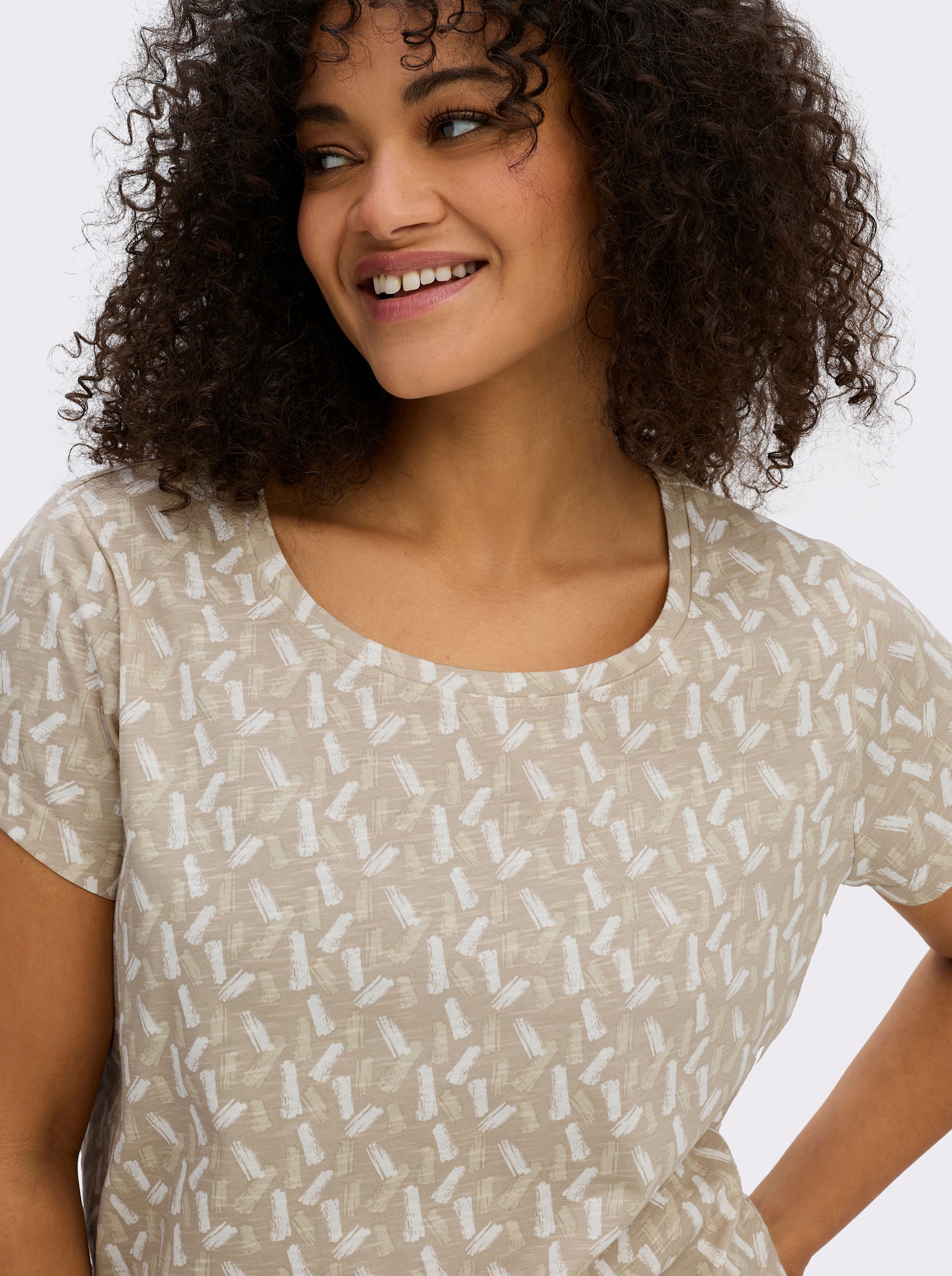 Rundhalsshirt mit Flammgarn-Struktur - beige-ecru-bedruckt