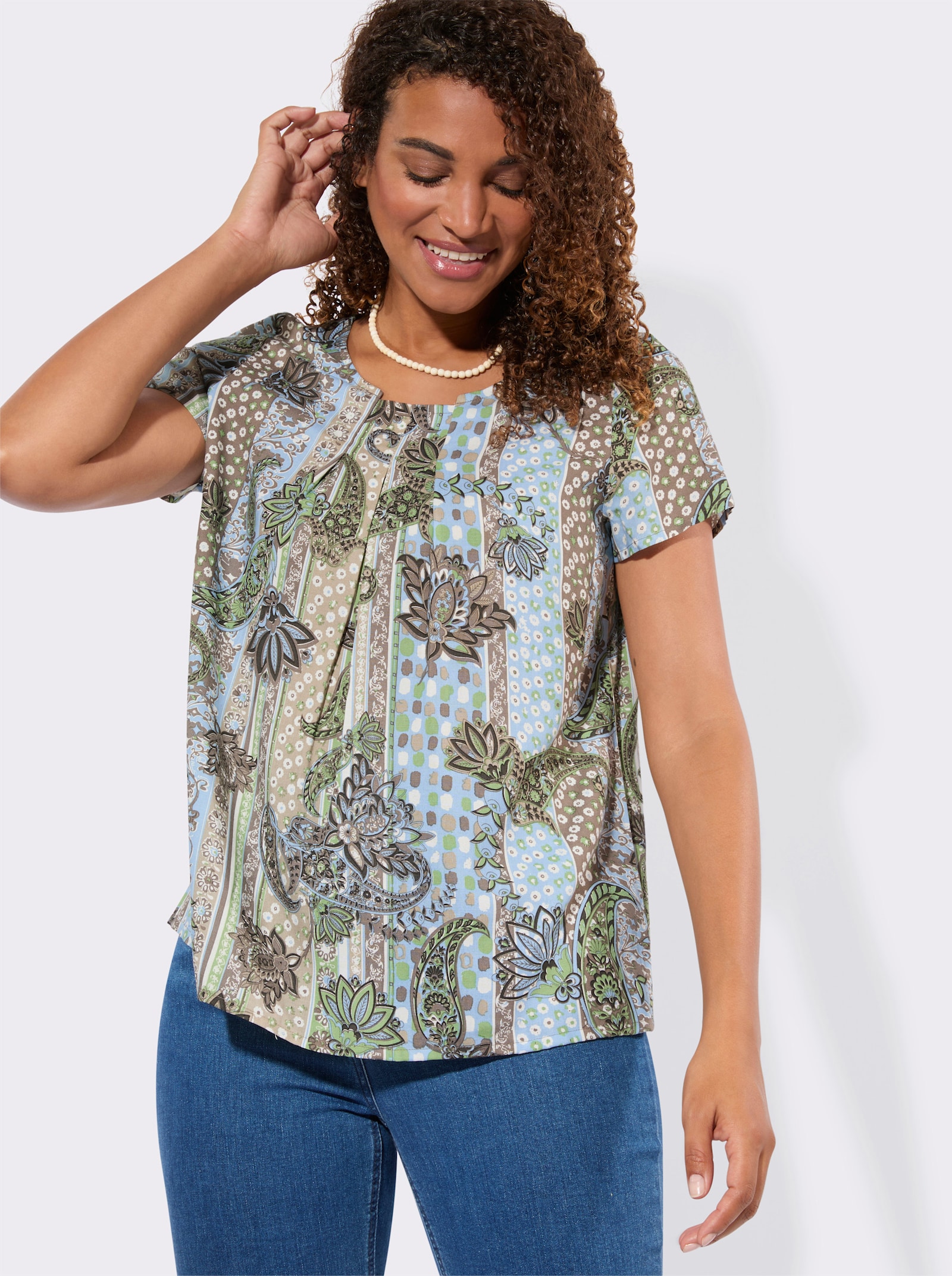 Druckbluse mit Seitenschlitzen - taupe-eucalyptus