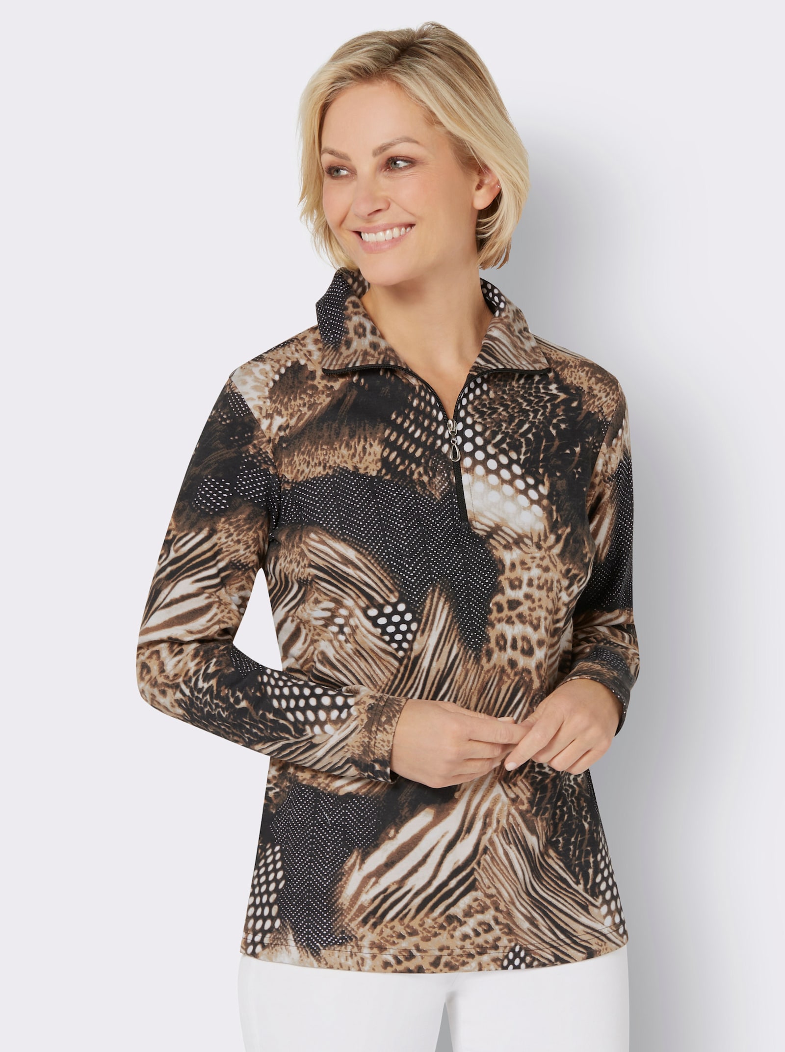 Shirt met lange mouwen en polokraag - zand/zwart bedrukt