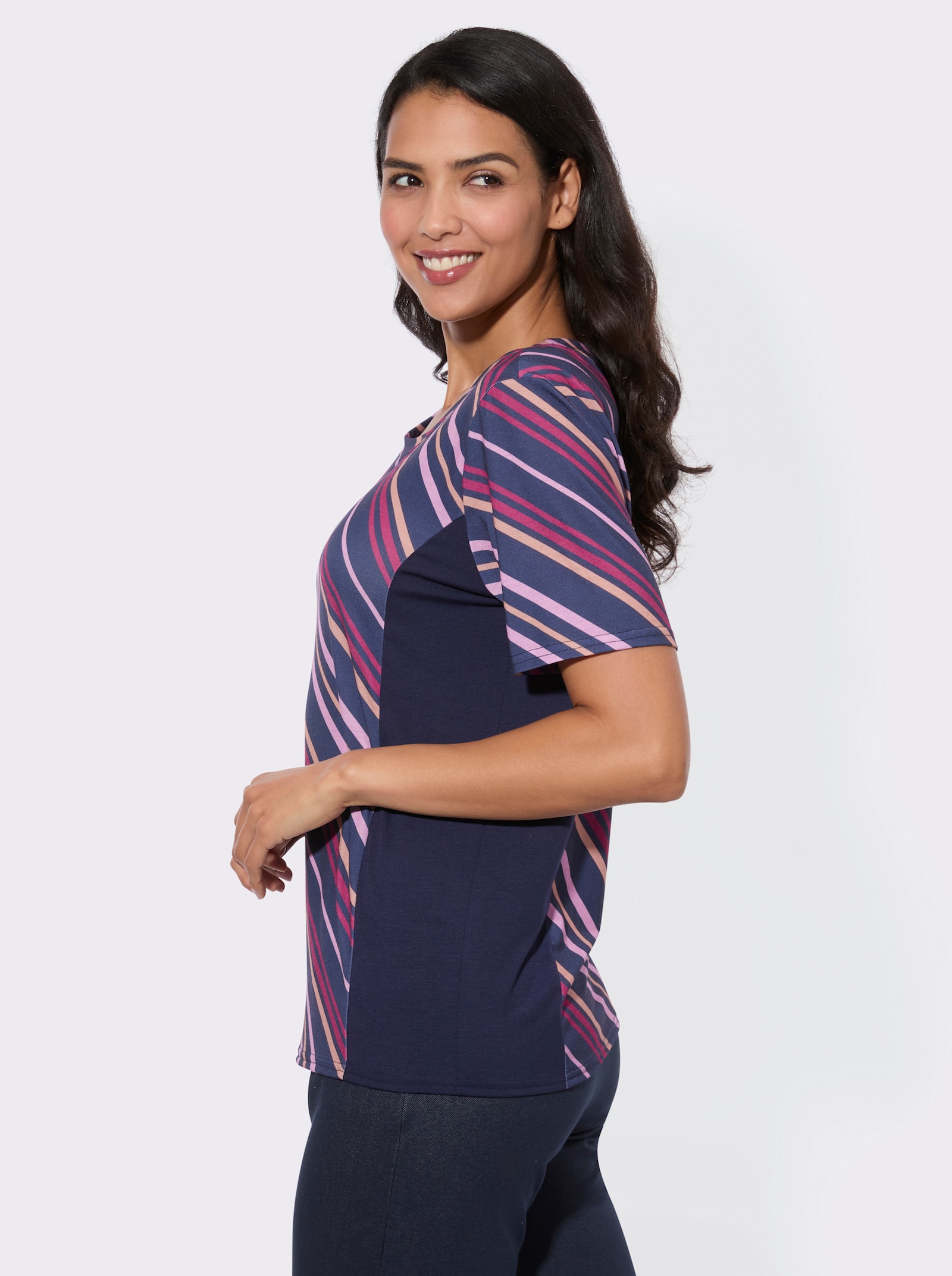 Freizeitshirt mit einfarbigen Einsätzen, gestreift - malve-gemustert