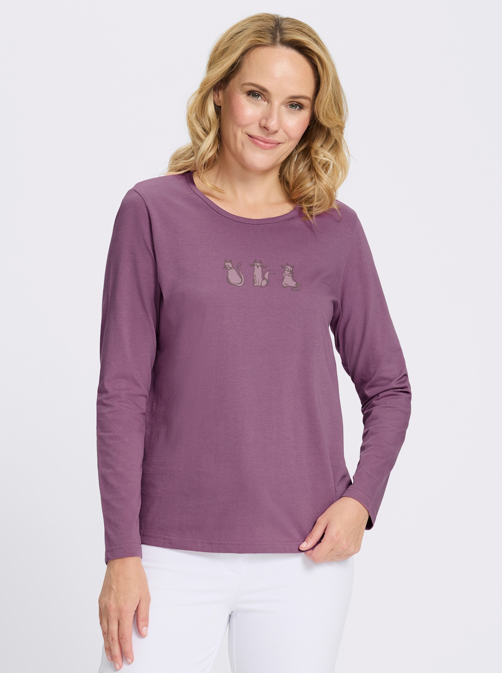 Rundhalsshirt mit Katzen-Motiv - violett-mauve