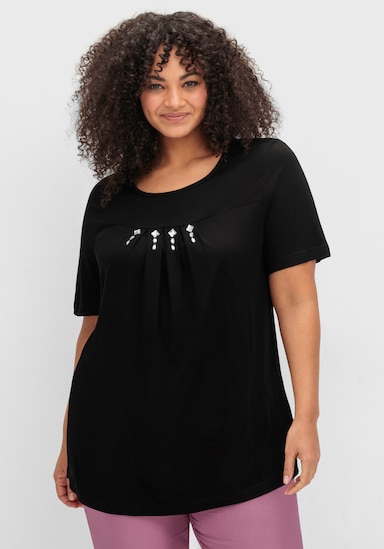 Kurzarmshirt mit Ziersteinchen, reine Viskose - schwarz