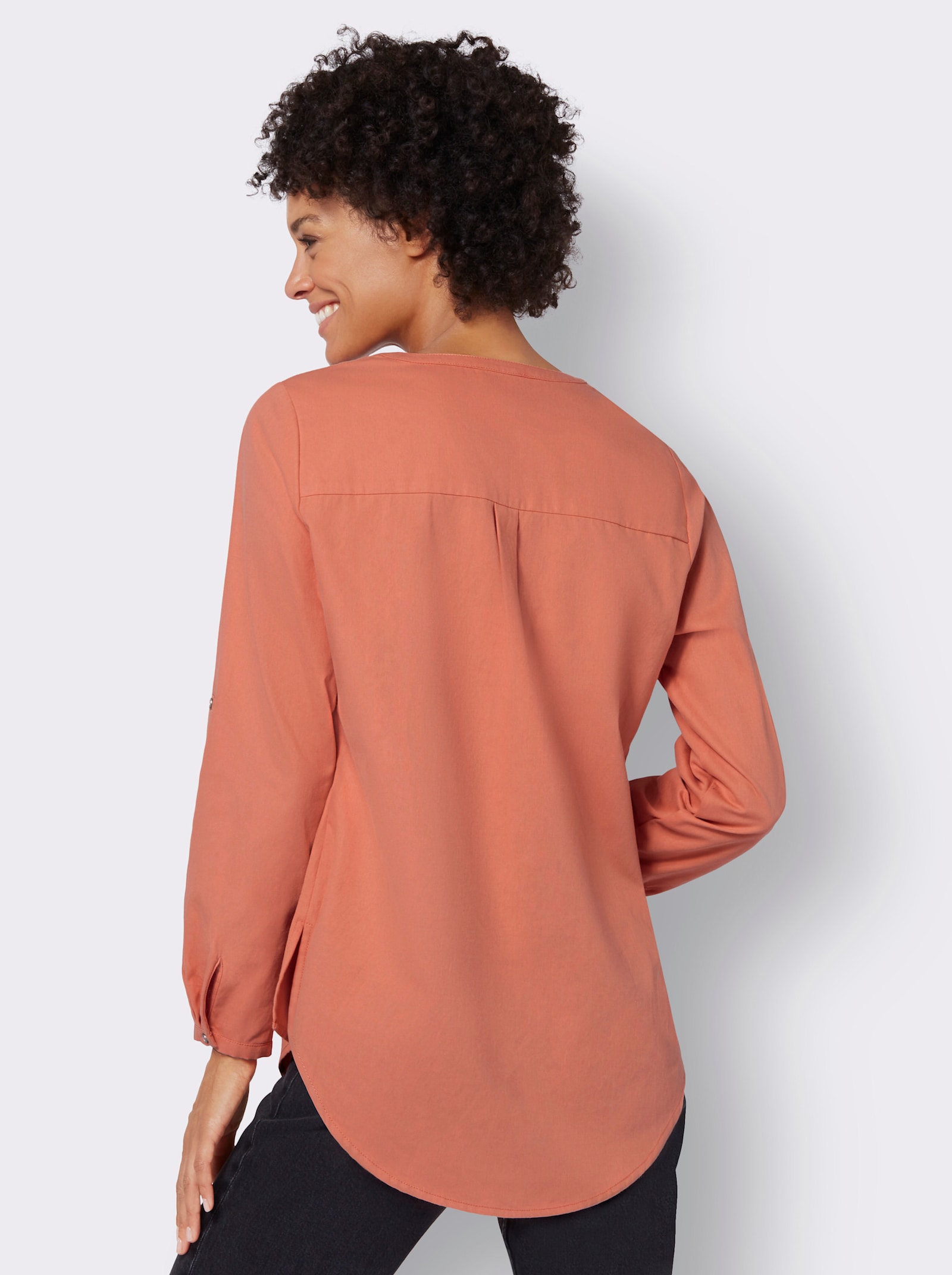 Jeanstuniek met sierbiezen - papaya