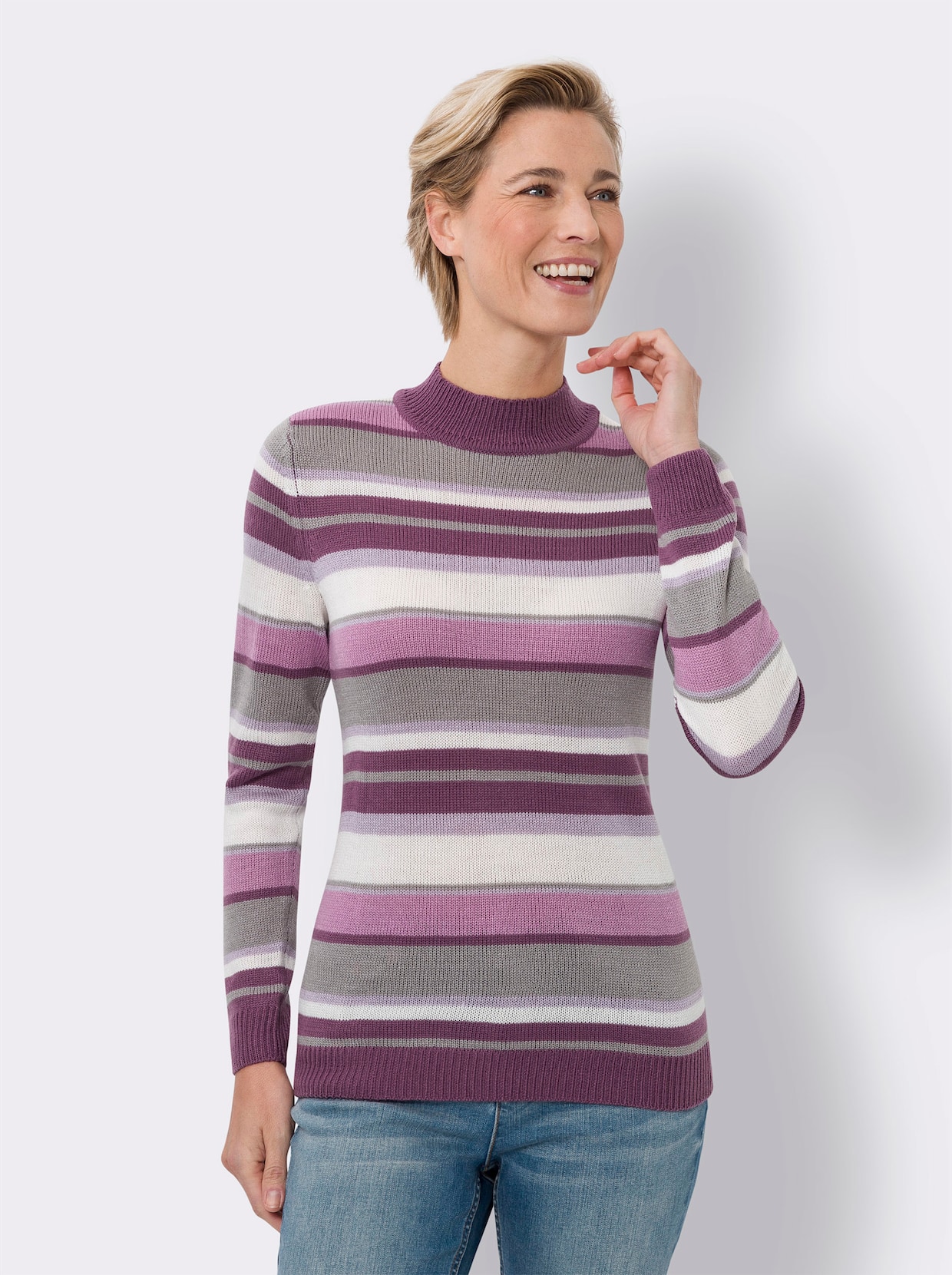 Stehkragenpullover - violett-flieder-geringelt