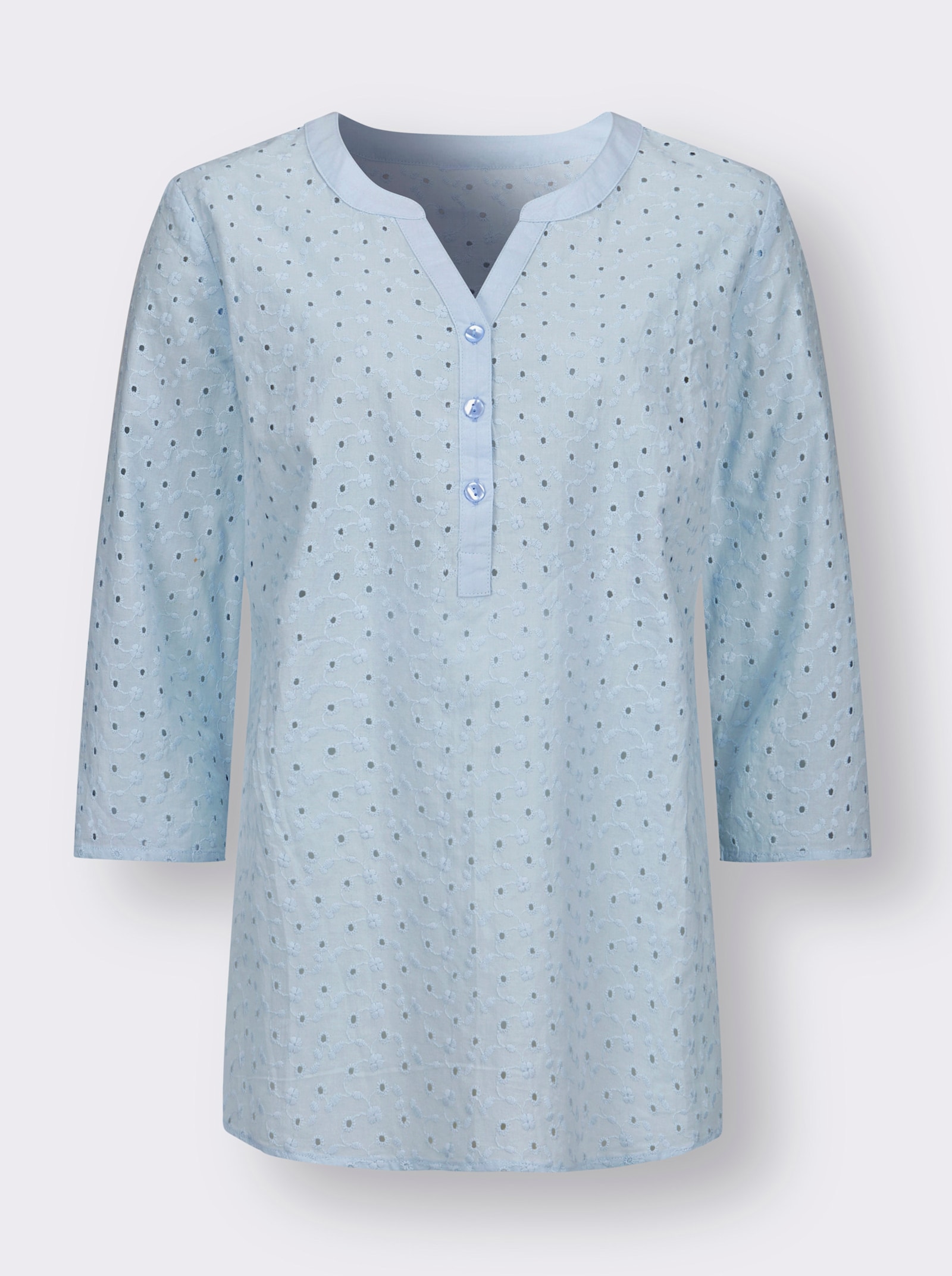 Navlékací halenka s ažurovou výšivkou - světlemodrá