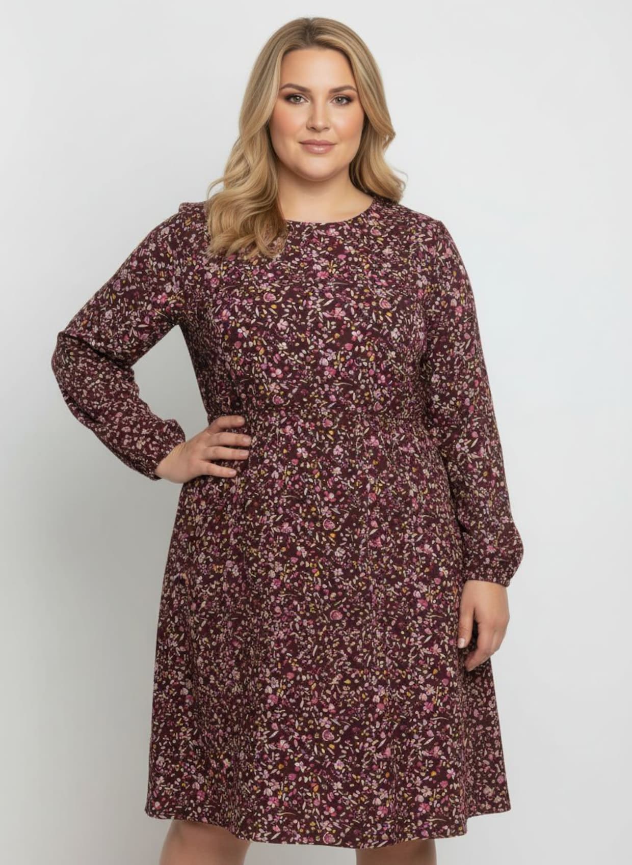 Webkleid mit Smok-Einsatz - burgund-mauve-bedruckt