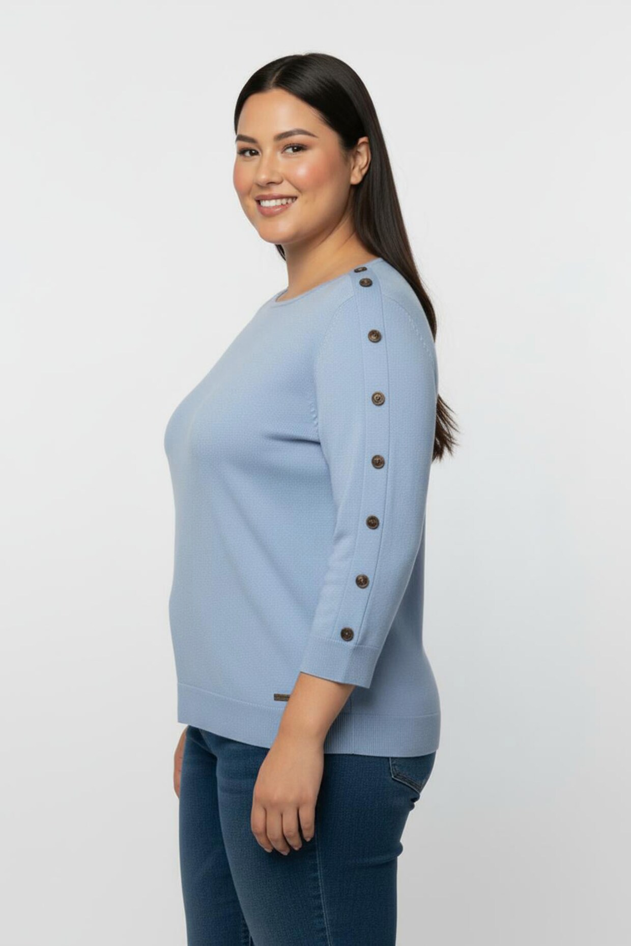 3/4 Arm-Pullover mit Zierknopf-Detail - bleu