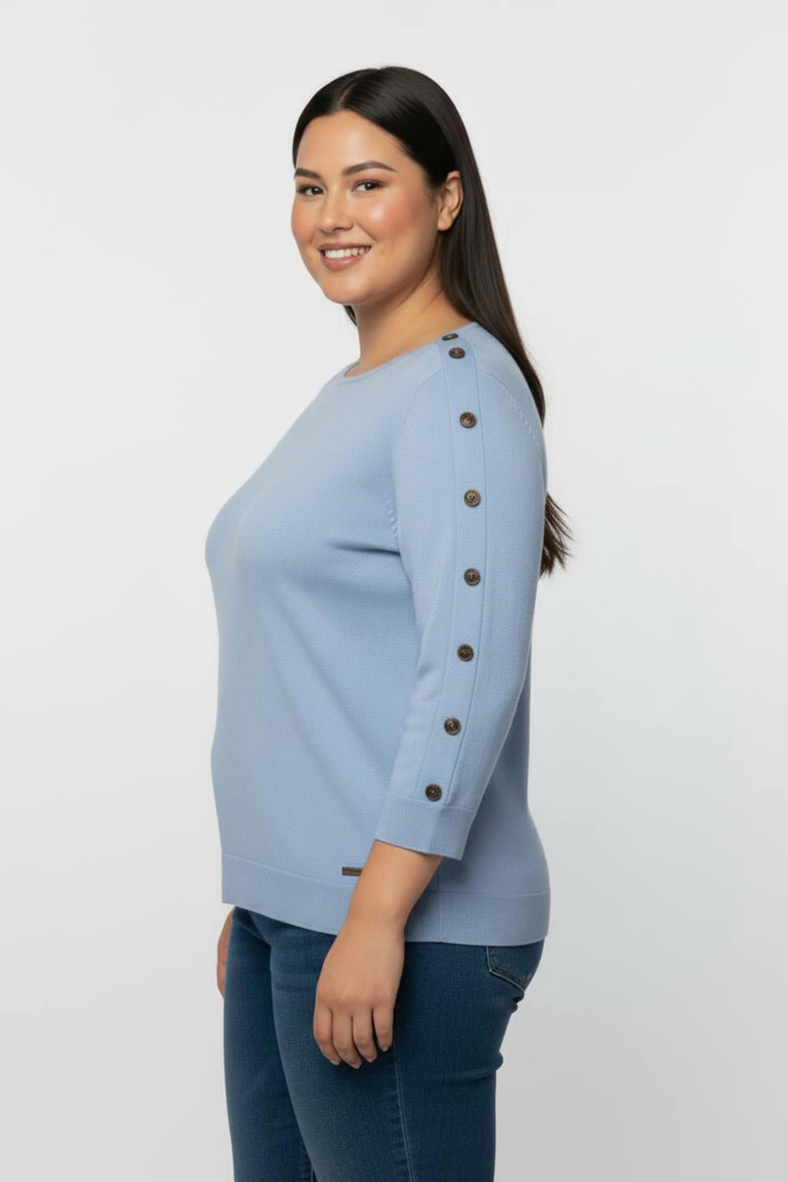 3/4 Arm-Pullover mit Zierknopf-Detail - bleu