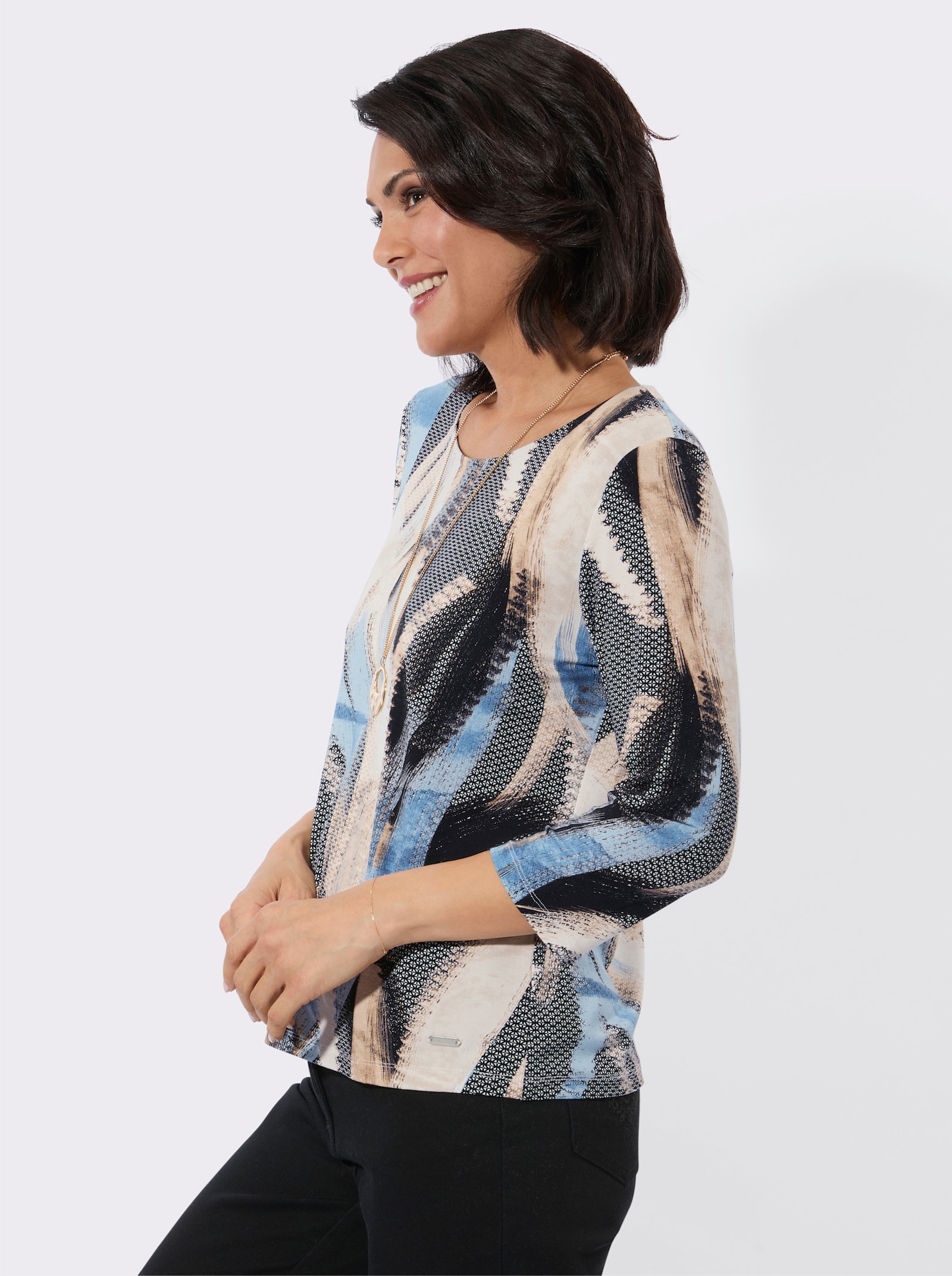 Rundhalsshirt mit Allover-Druck - mittelblau-camel-bedruckt