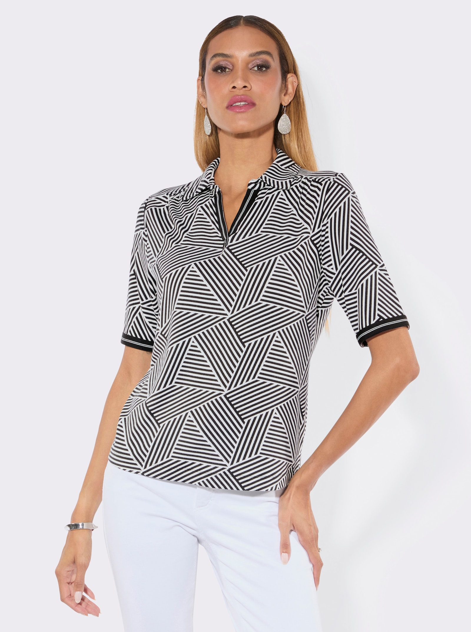 Poloshirt mit Ripsband - ecru-schwarz-bedruckt