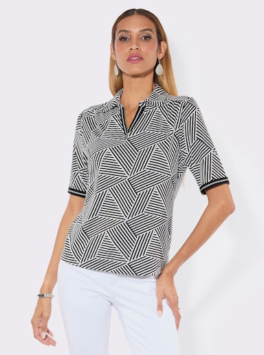Poloshirt mit Ripsband - ecru-schwarz-bedruckt