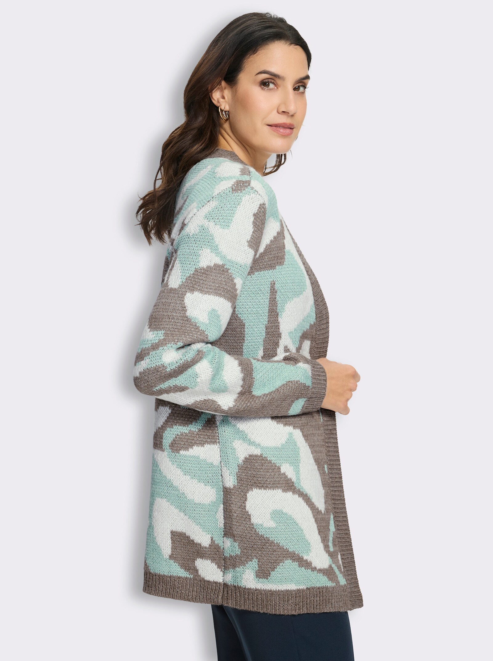 Jacquardstrickjacke in offener Form - kalkmint-taupe-gemustert