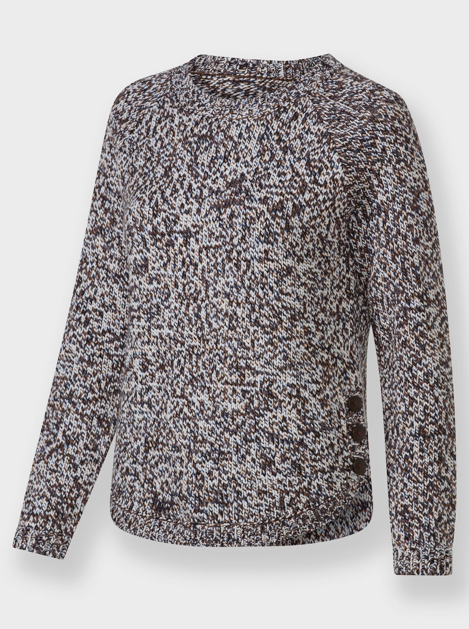 Rundhalspullover mit Knopfleiste an den Seitenschlitzen - rauchblau-meliert