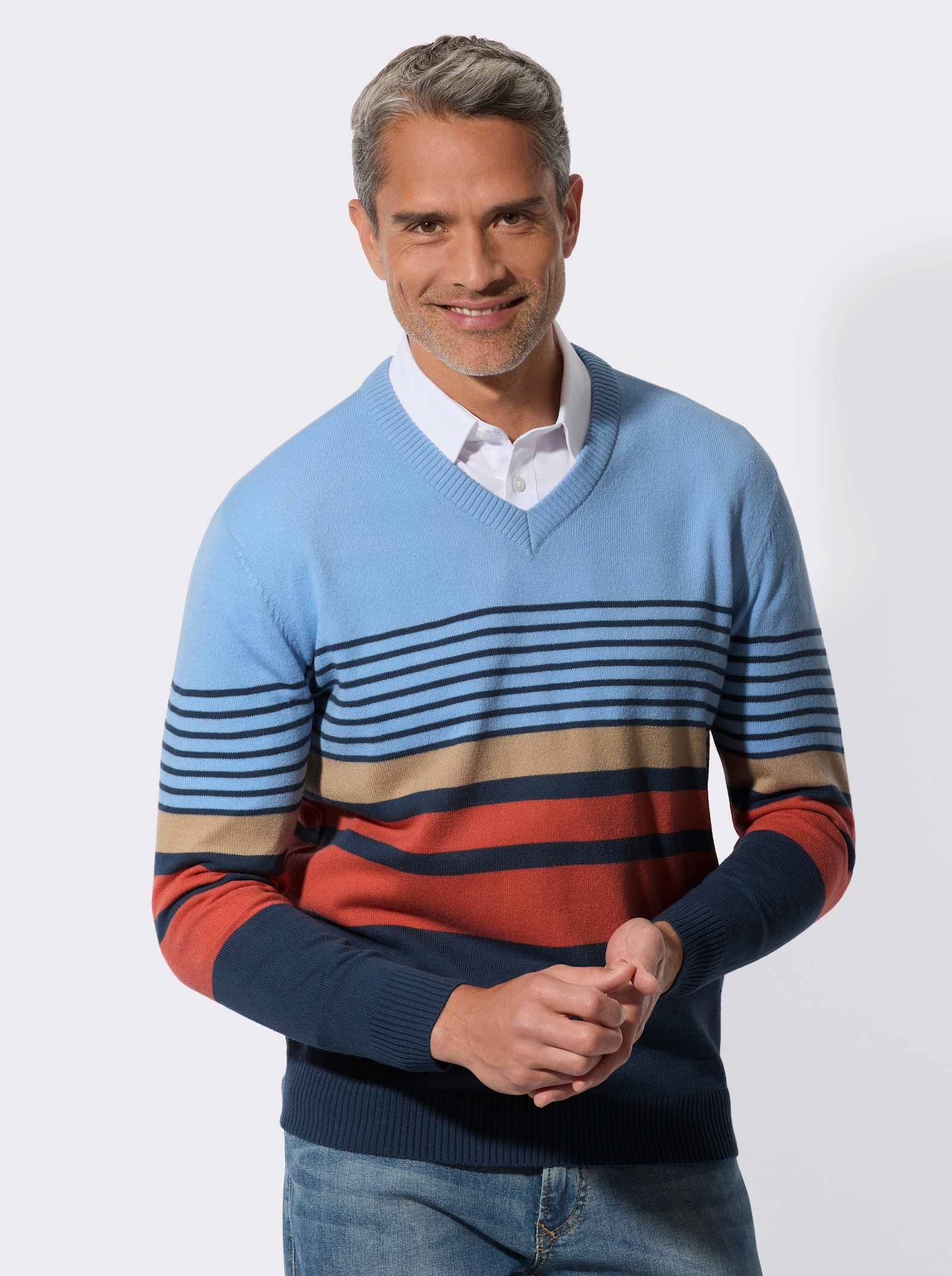 V-Ausschnitt-Pullover mit Streifen-Muster - himmelblau-terra-geringelt