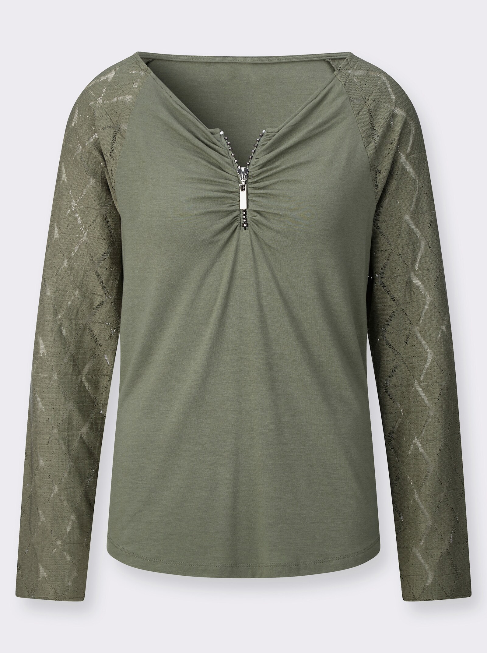Spitzenshirt mit Reißverschluss - khaki