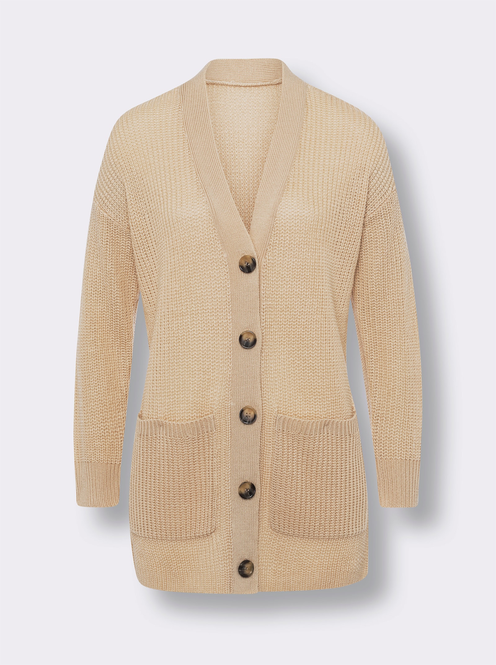 Dlouhý pletený kabátek žebrovaného vzhledu - písková