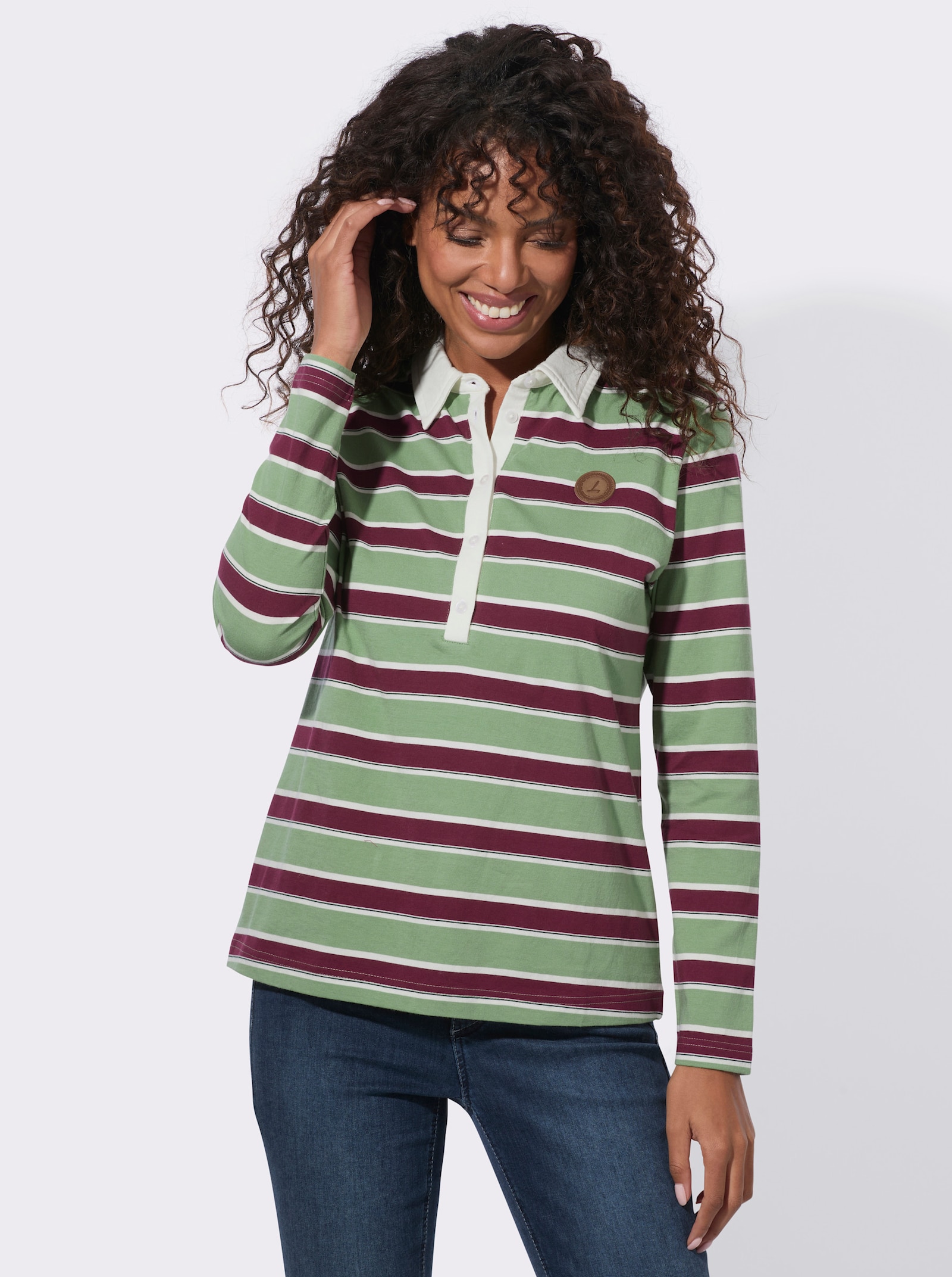  Langarm-Poloshirt mit garngefärbten Ringeln - eucalyptus-bordeaux-geringelt