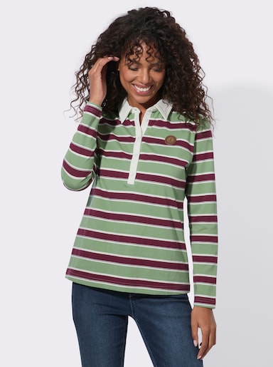  Langarm-Poloshirt mit garngefärbten Ringeln - eucalyptus-bordeaux-geringelt