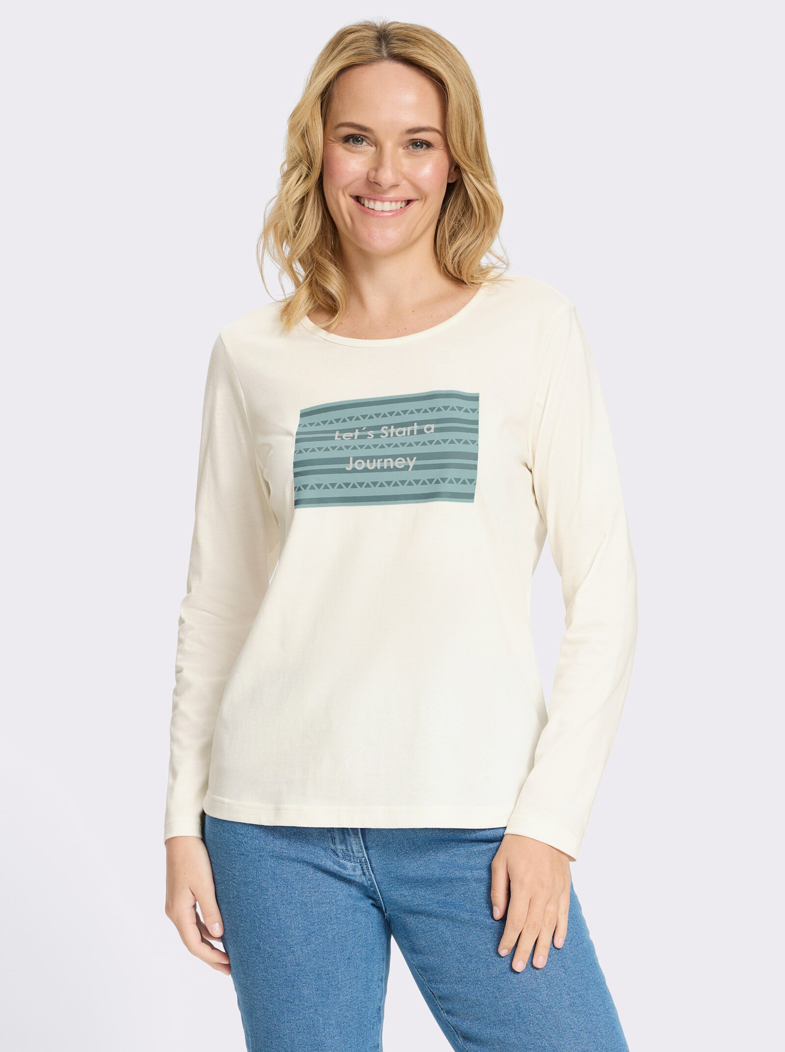 Rundhalsshirt mit Schriftzug - ecru-jade