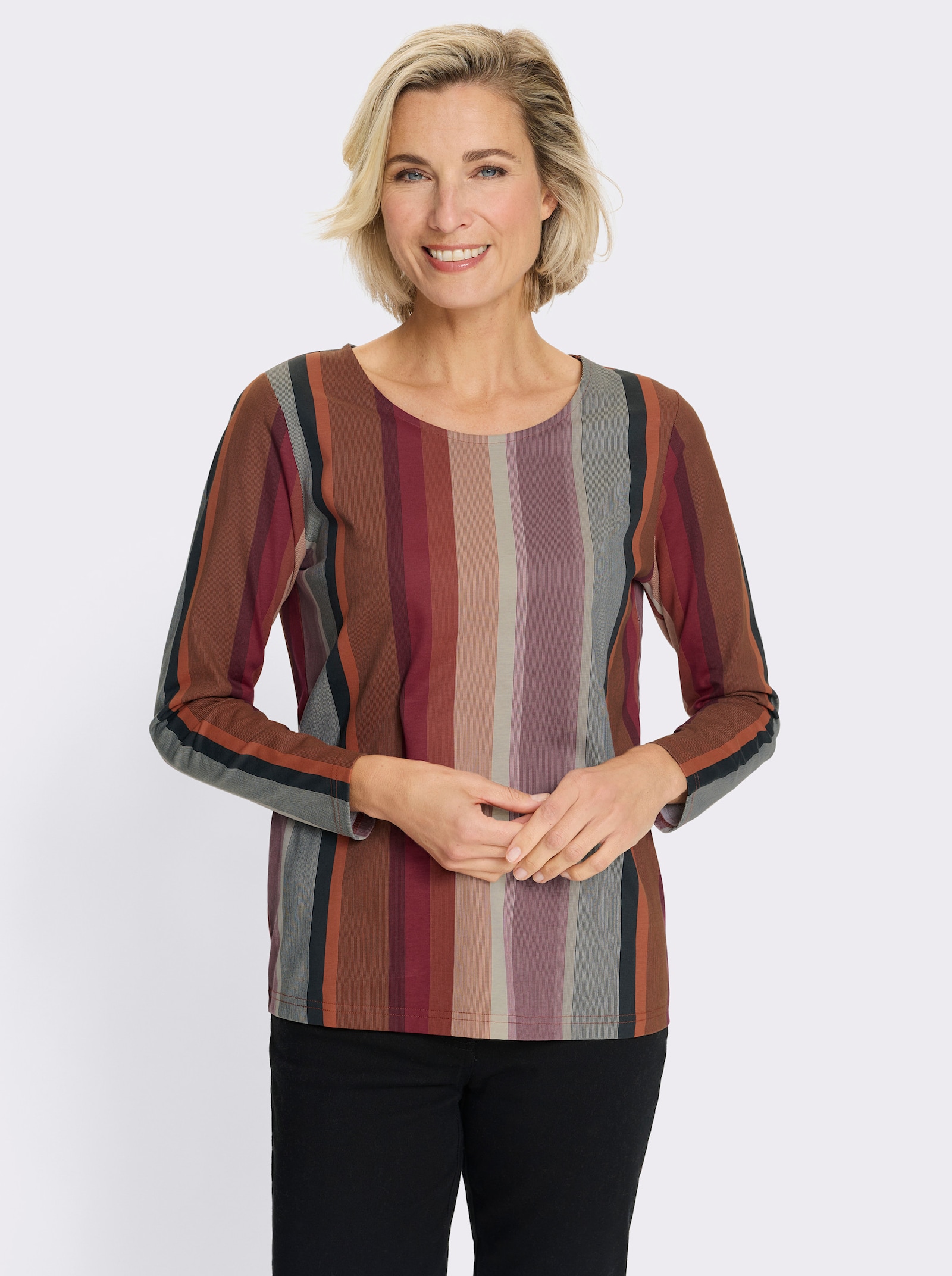 Shirt met lange mouwen in dessin met verticale strepen - donkerrood/roestrood gestreept