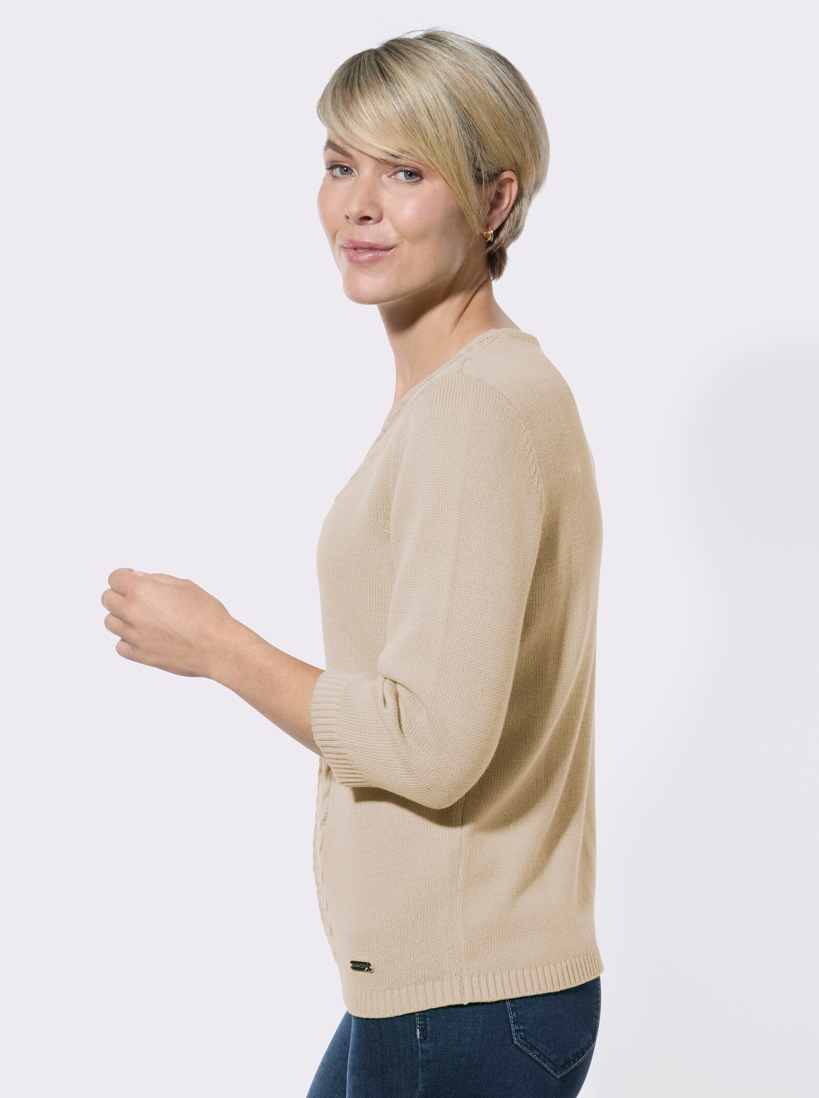 V-Ausschnitt-Pullover mit Rippbündchen - sand
