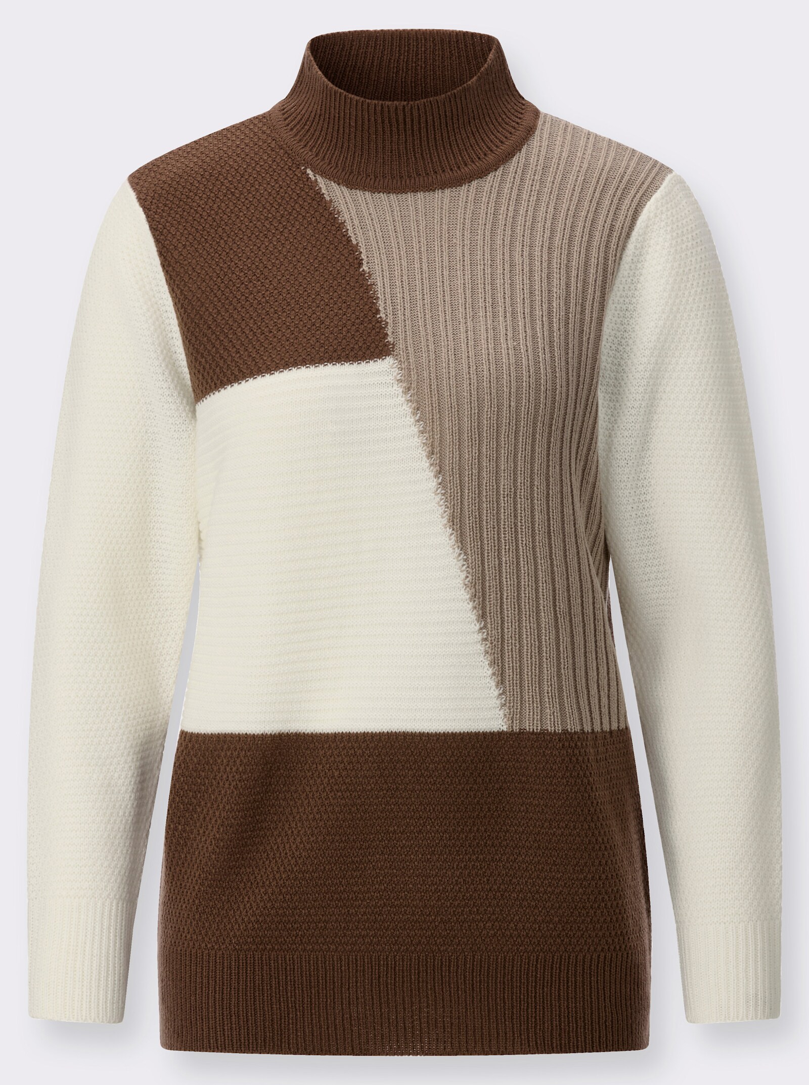 Stehkragenpullover in Patchwork-Optik - braun-ecru-gemustert