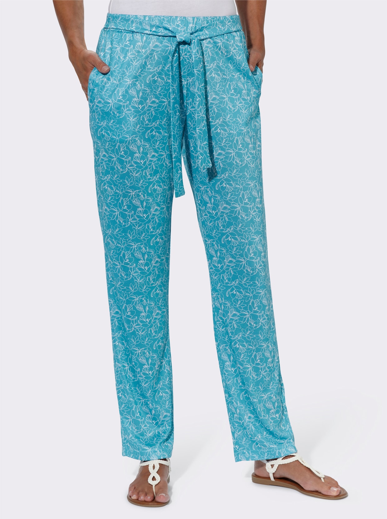 Jersey pantalon - turquoise/ecru bedrukt