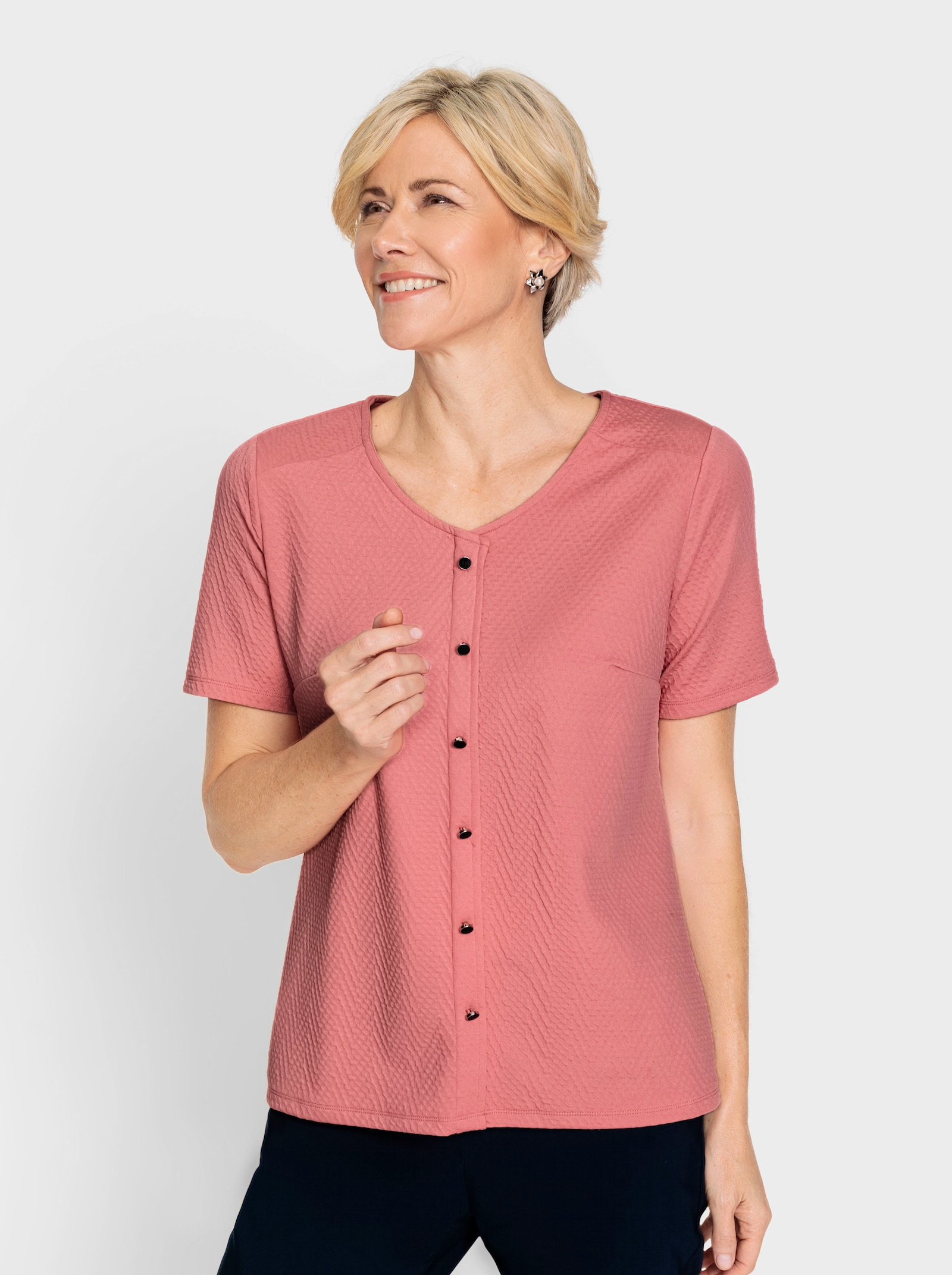 Shirt met V-hals en schouderpassen - flamingo