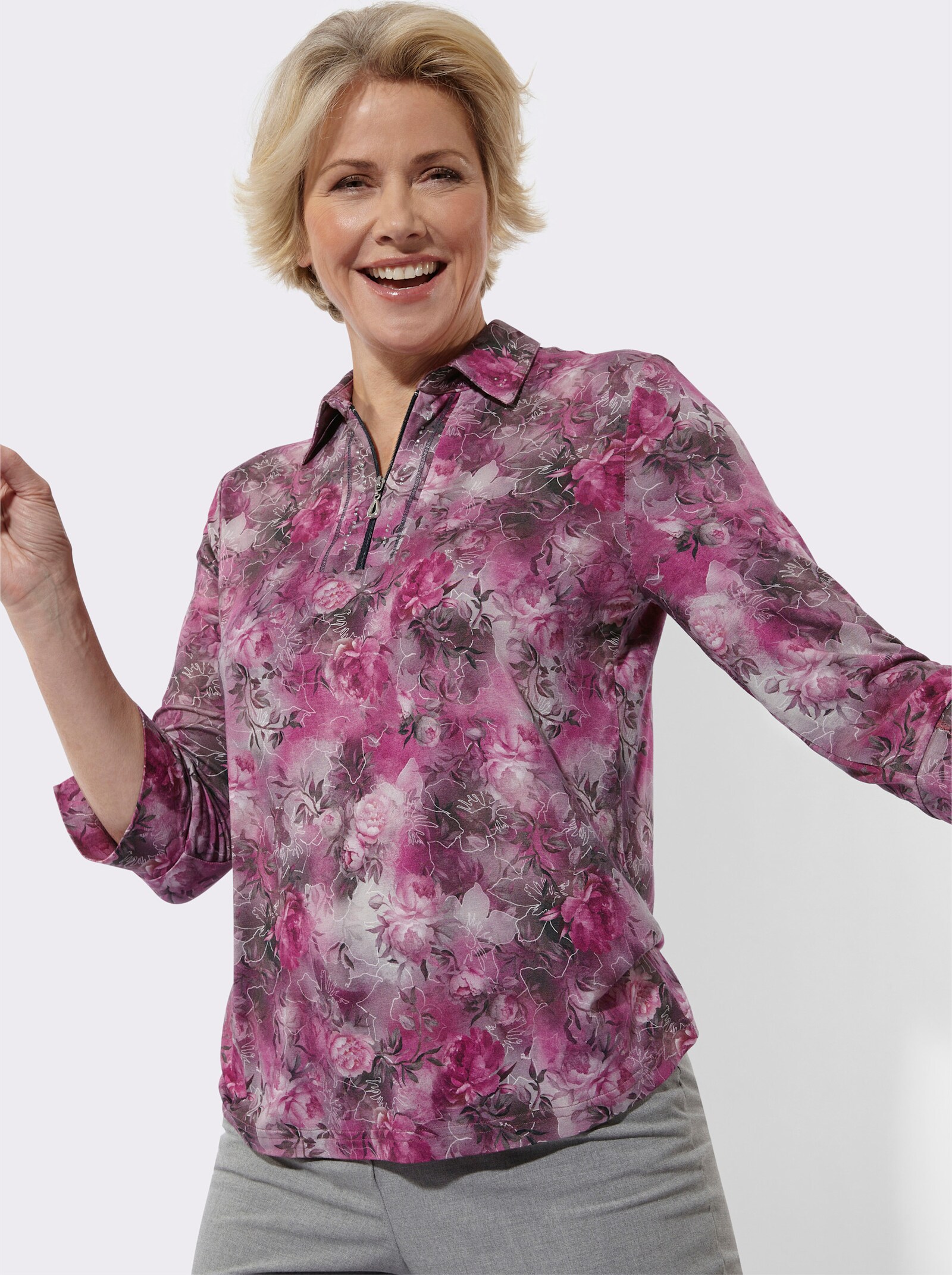 Poloshirt im Blüten-Dessin - malve-hellgrau-bedruckt