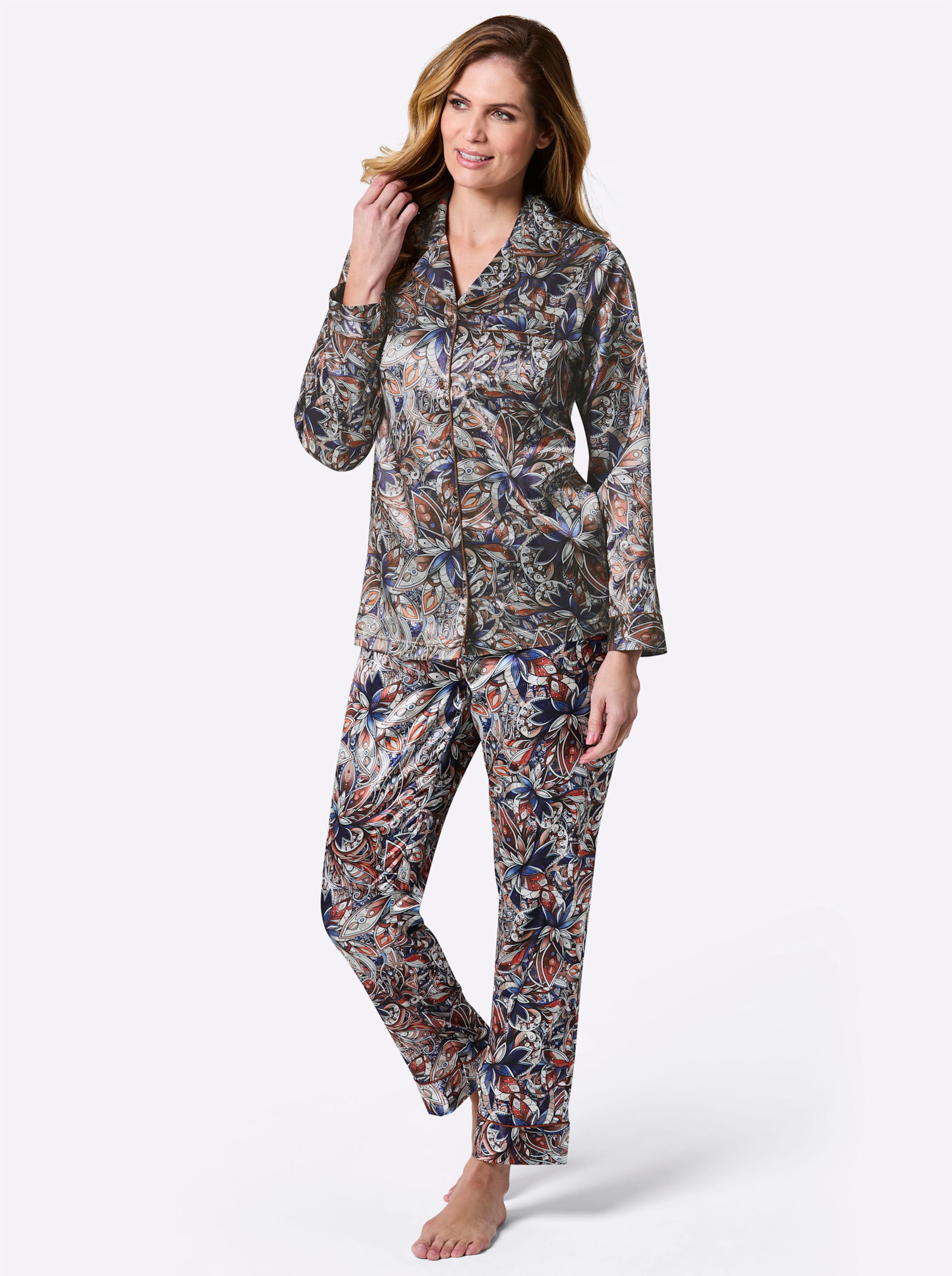 Wäschepur Damen Dunkelblau/Braun Schlafanzug Gr. 36/38, Marine, Cognac, Bedruckt, 83% Polyester, 17% Baumwolle, Homewear-Sets Schlafanzug - Bild 3