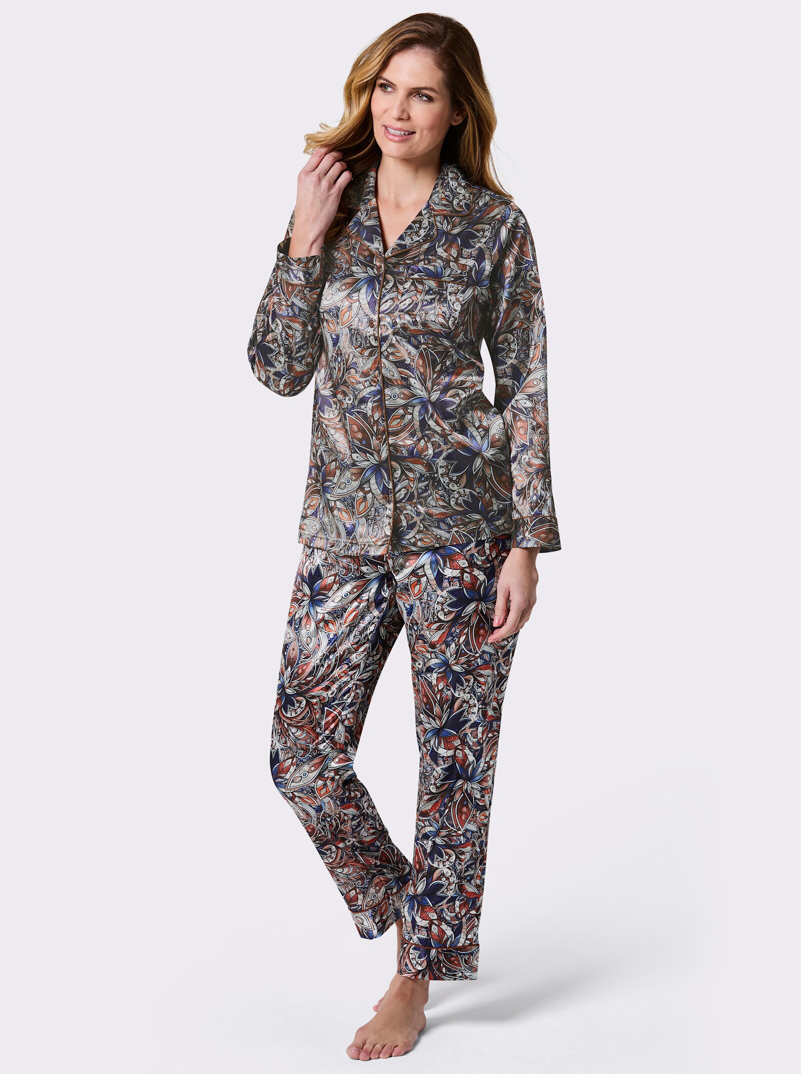 wäschepur Pyjama in Satin-Qualität - marine-cognac-bedruckt