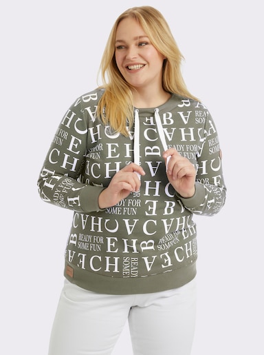 Sweatshirt mit Kordeldurchzug am Ausschnitt - khaki-ecru-bedruckt
