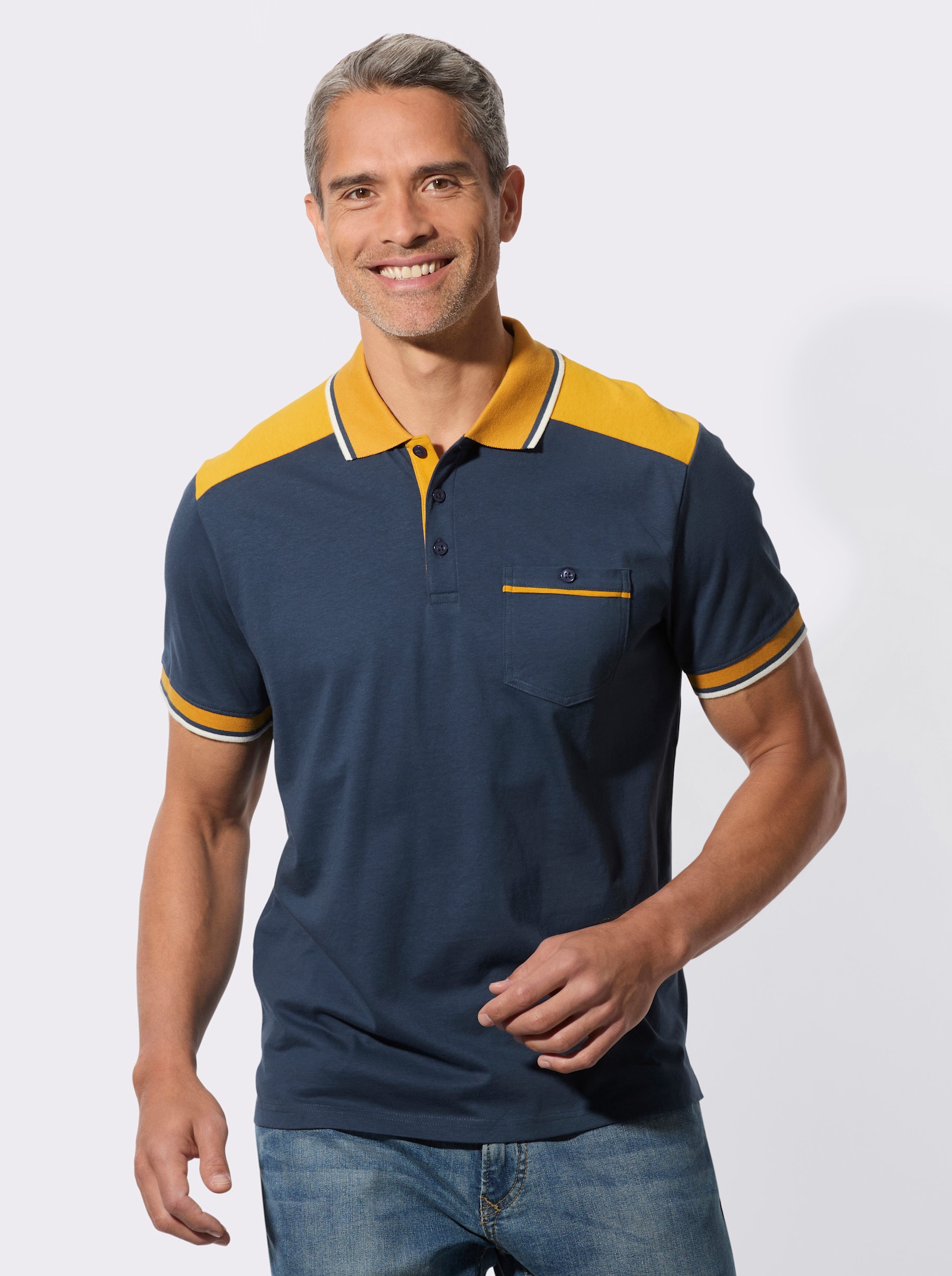 Poloshirt met borstzak met knoop - donkerblauw