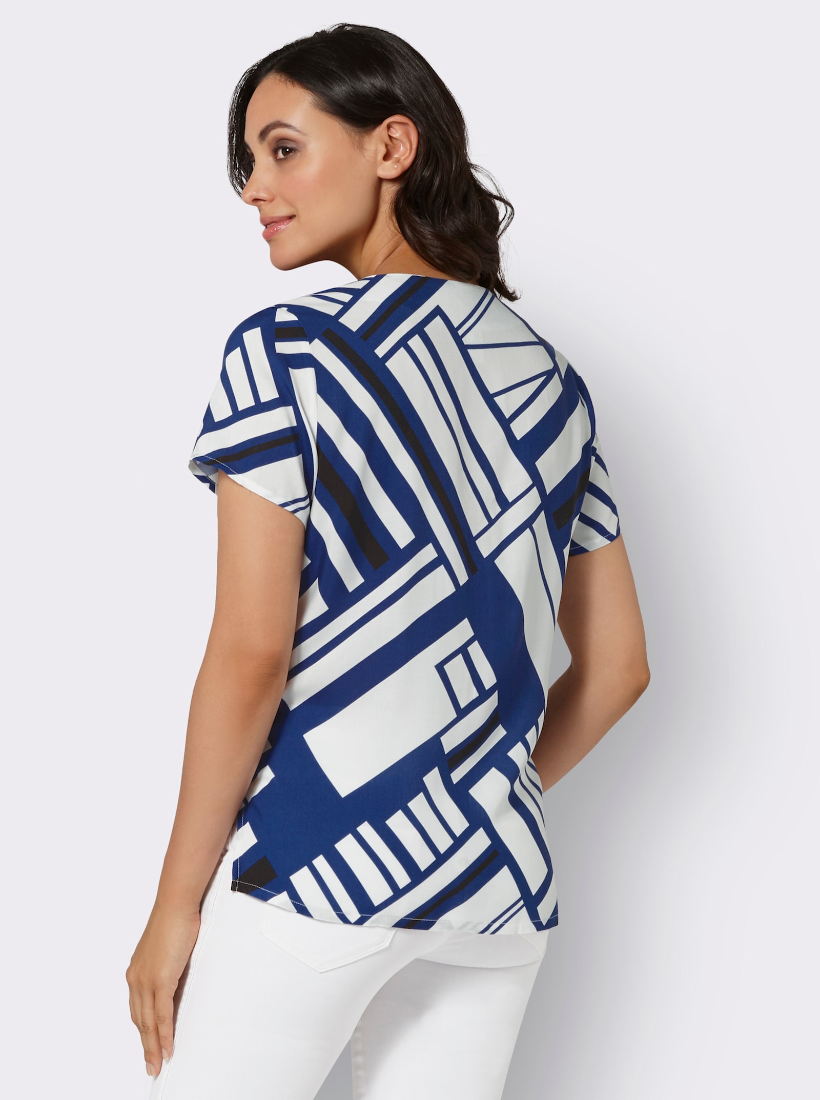 Druckbluse mit Falten am Ausschnitt - royalblau-ecru-bedruckt