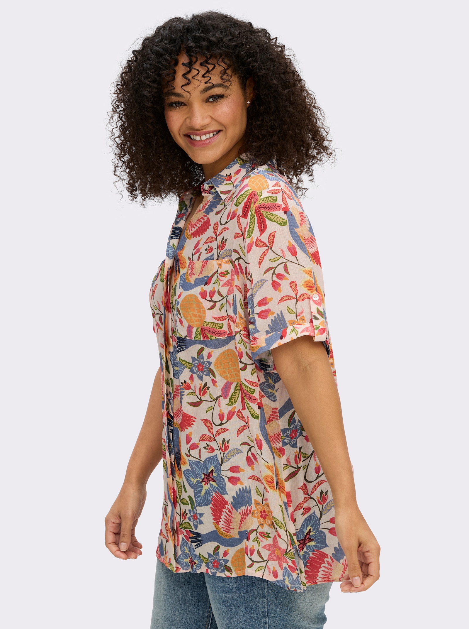 sheego by Joe Browns Overhemdblouse met tropische print - champagne/hemelsblauw bedrukt