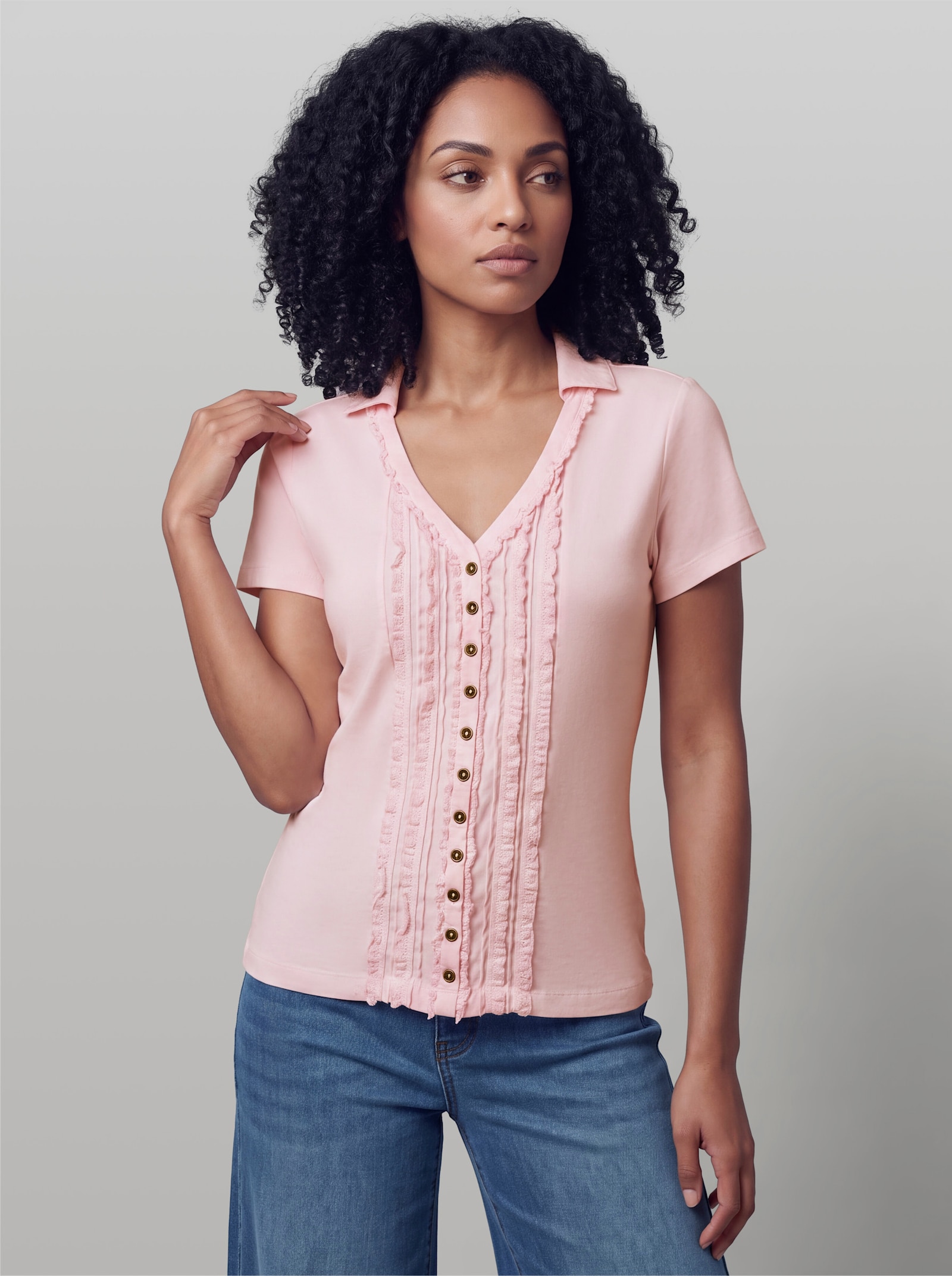 heine V-Shirt mit Rüschen - hellrosé