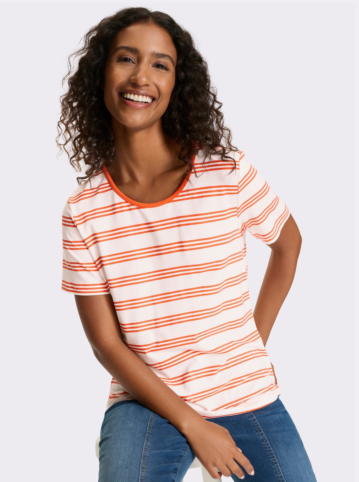 heine Kurzarmshirt - orange-ecru-gestreift